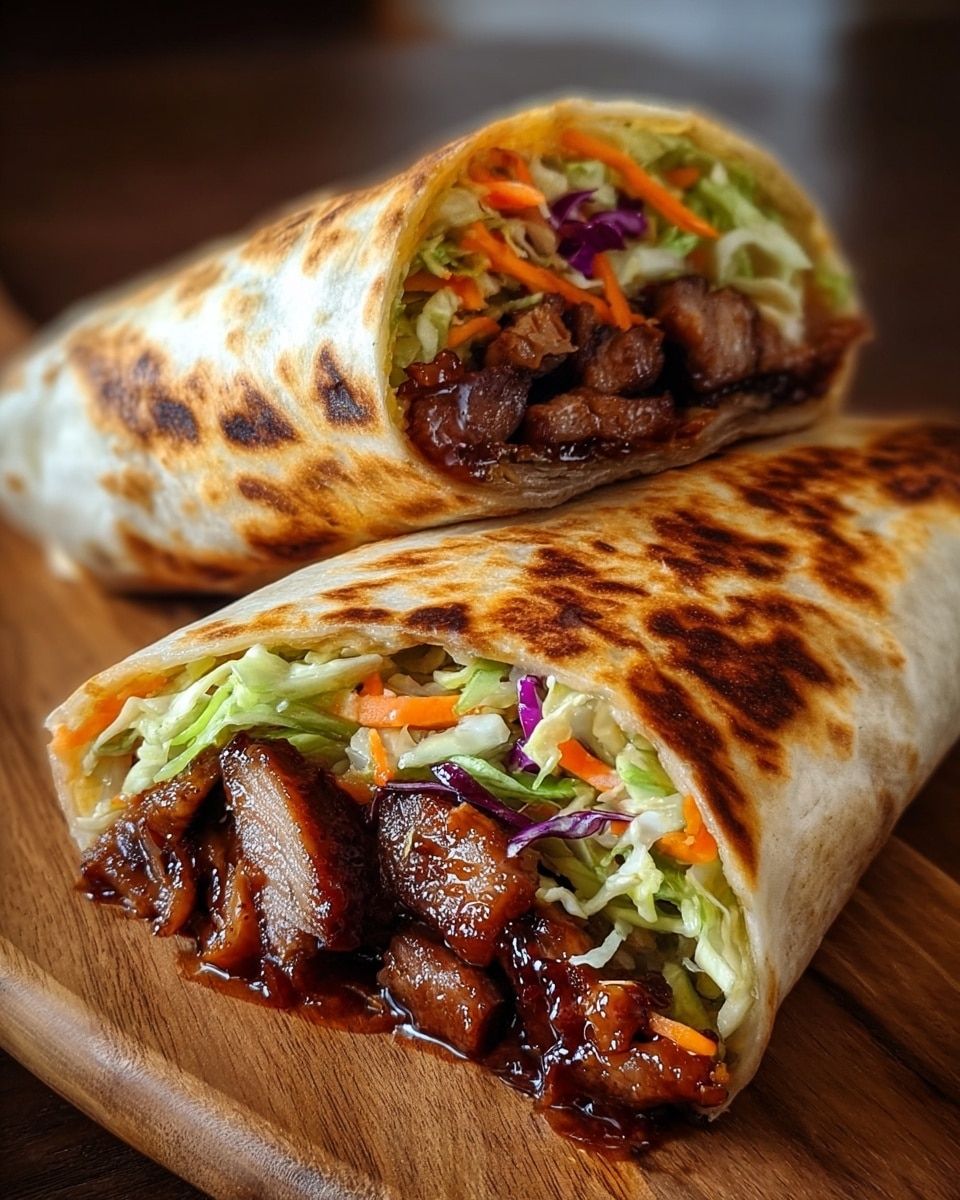 The image shows two halves of a wrap placed on a wooden board, each cut side facing the camera. The wrap's outer layer is golden brown with toasted spots, suggesting it is lightly grilled or toasted. Inside, the bottom layer is made of dark, glazed grilled meat pieces with a shiny, caramelized texture. Above the meat is a generous layer of shredded fresh vegetables, including light green lettuce, thin orange carrot strips, and some thin purple cabbage. The vibrant colors and textures of the fillings contrast with the warm wrap shell, making the wrap look fresh and delicious. photo taken with an iphone --ar 4:5 --v 7
