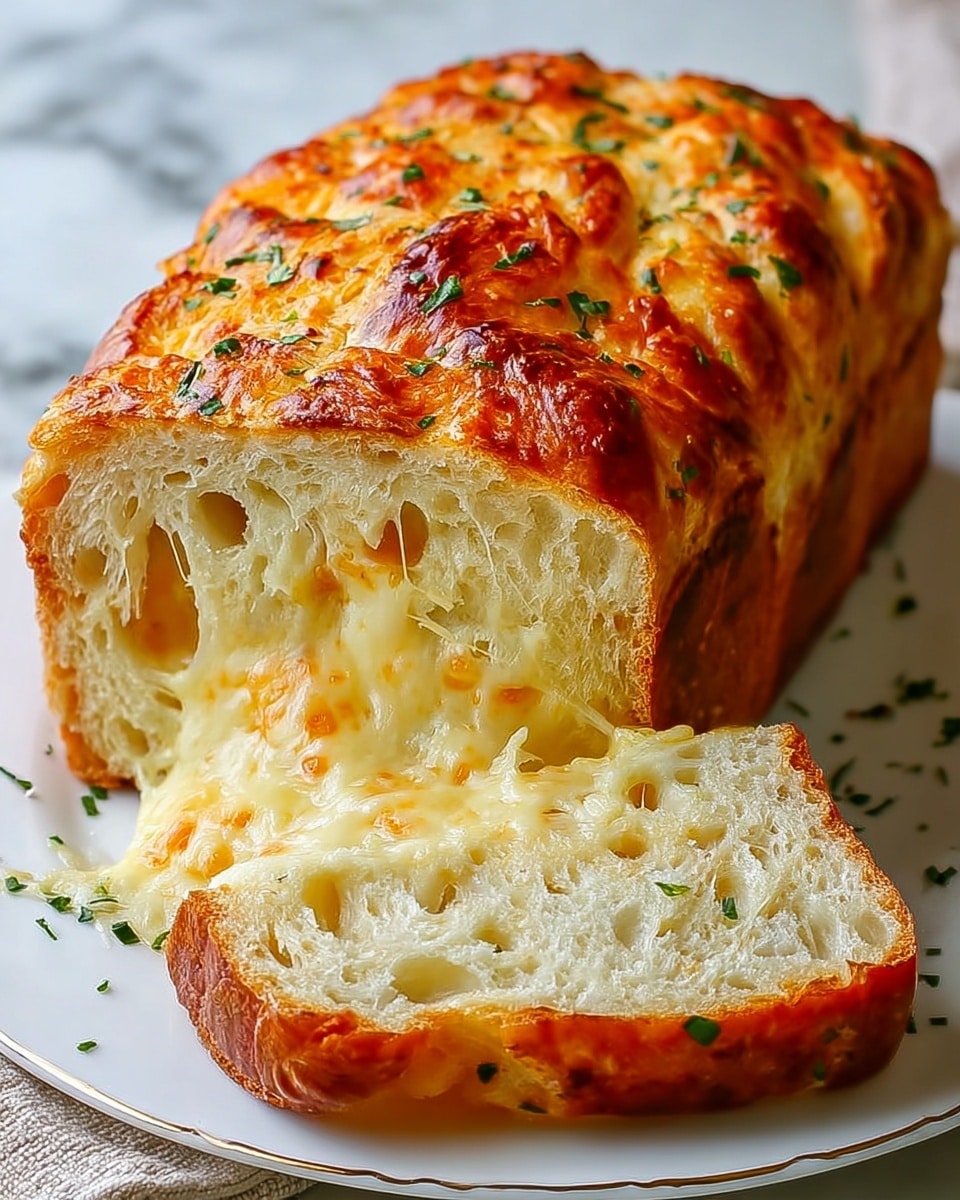 A loaf of cheesy bread is cut to show its inside layers, placed on a white plate with decorative edges on a white marbled surface. The bread has one main thick layer with a golden-brown crust that is shiny and crisp, topped with tiny green herbs. Inside, the soft bread is light beige with holes and filled with melted, gooey cheese that stretches as the front slice is slightly pulled forward. The slice shows the same soft crumb and cheese melting through its airy texture. photo taken with an iphone --ar 4:5 --v 7