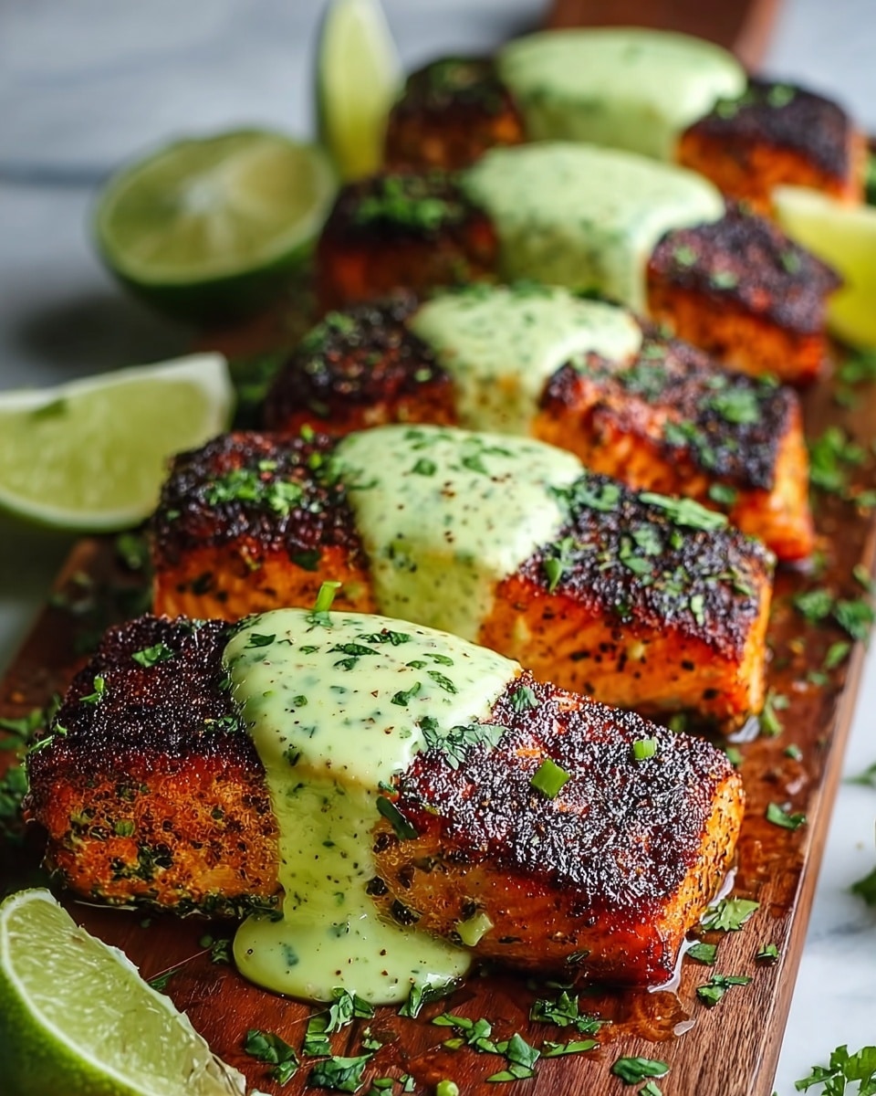 The image shows four thick pieces of cooked salmon, each with a crispy, dark brown and reddish crust sprinkled with green herb bits. On top of each salmon piece is a flowing layer of light green sauce with visible green flecks, dripping down the sides. The salmon pieces are placed in a line on a wooden tray, garnished with chopped green herbs. Around the salmon, there are fresh lime wedges with bright green skin and pale green inside. The entire scene sits on a white marbled texture. photo taken with an iphone --ar 4:5 --v 7