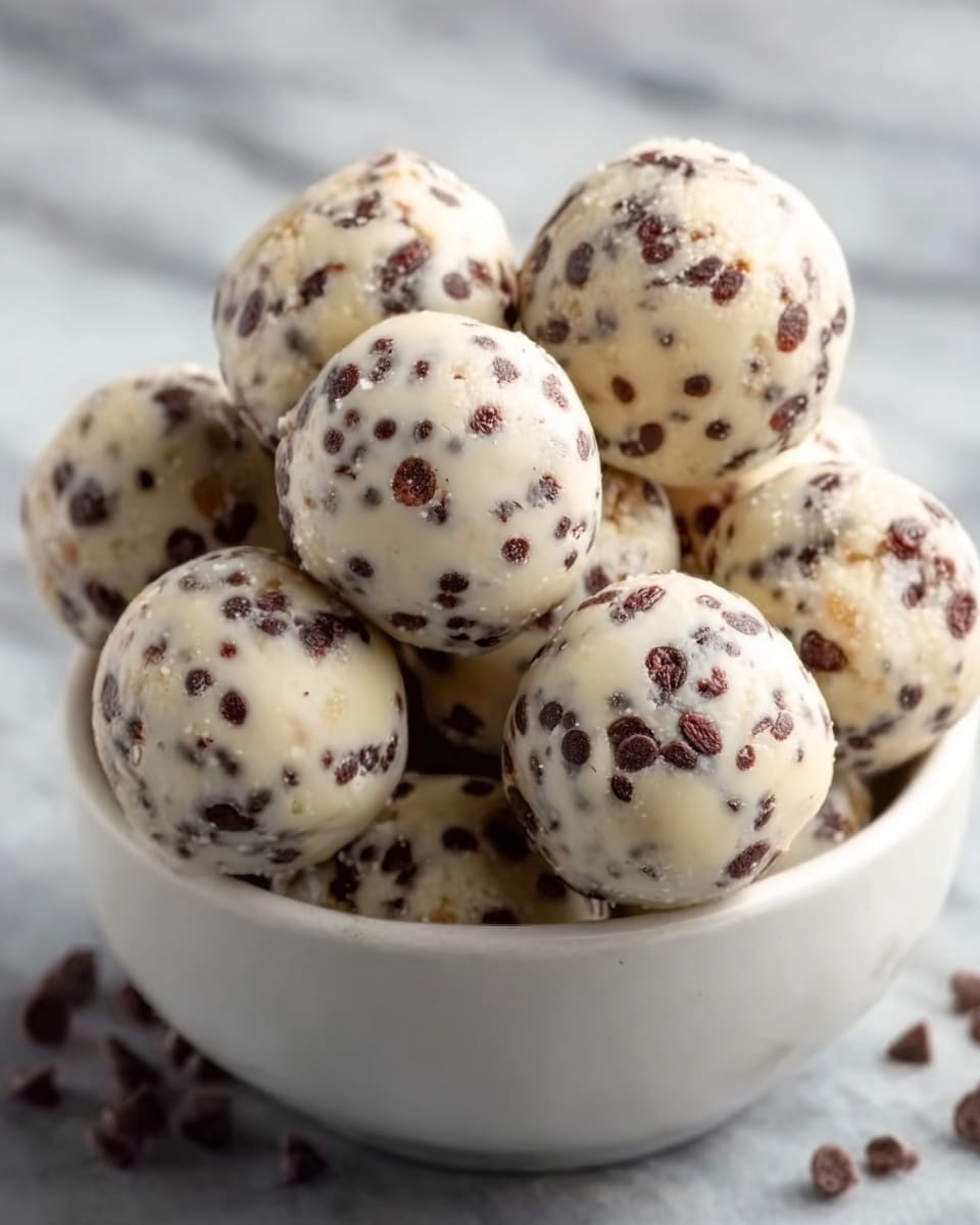 A white bowl filled with round truffle balls, each covered in a creamy white coating dotted with dark chocolate chips. The truffles have a smooth but slightly uneven texture, showing clusters of chocolate chips all over. Around the bowl, more truffles sit casually on a white marbled surface, creating a simple but inviting look. The lighting highlights the glossy texture of the chocolate chips against the creamy white base of the truffles. photo taken with an iphone --ar 4:5 --v 7