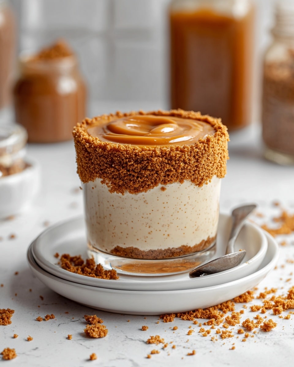 A clear glass cup filled with two layers: the bottom layer is a light beige creamy oats mixture with specks of grain, and the top layer is a smooth, glossy caramel-colored spread. The rim of the cup is coated with crushed dark brown crumbs, some of which are scattered on a white plate beneath it. The cup is placed on a white marbled surface with a silver spoon resting on the plate next to it. Photo taken with an iphone --ar 4:5 --v 7