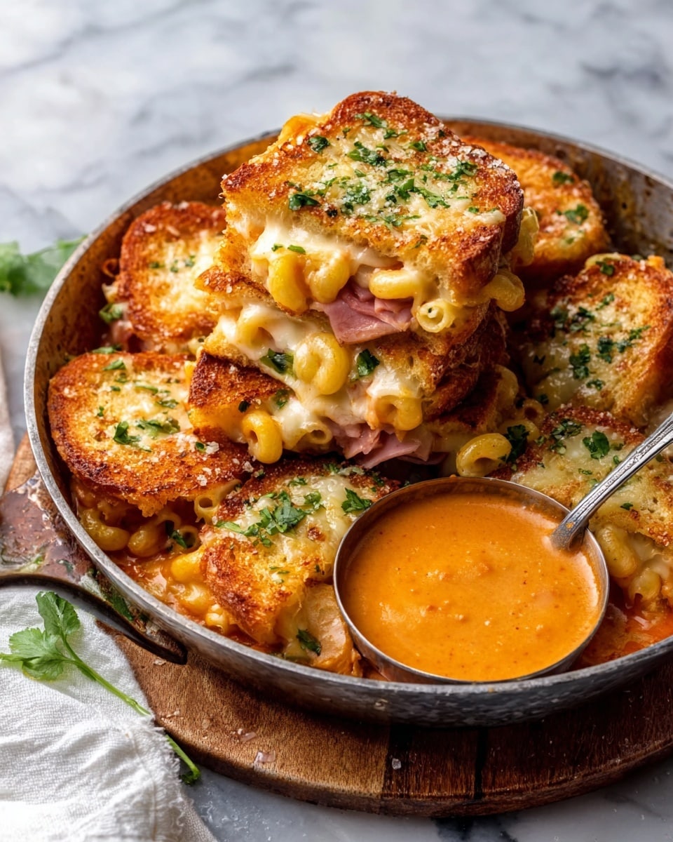 A stack of square grilled cheese sandwiches with golden brown, crispy bread sprinkled with green herbs on top is shown beside a small round metal bowl of light orange creamy soup. Each sandwich has at least two layers: the outer crispy toasted bread and an inner layer of melted cheese that is creamy white and orange, along with thin slices of ham visible. The sandwiches are piled casually on a wooden board resting on a white marbled texture surface with a white cloth nearby. The photo taken with an iphone --ar 4:5 --v 7