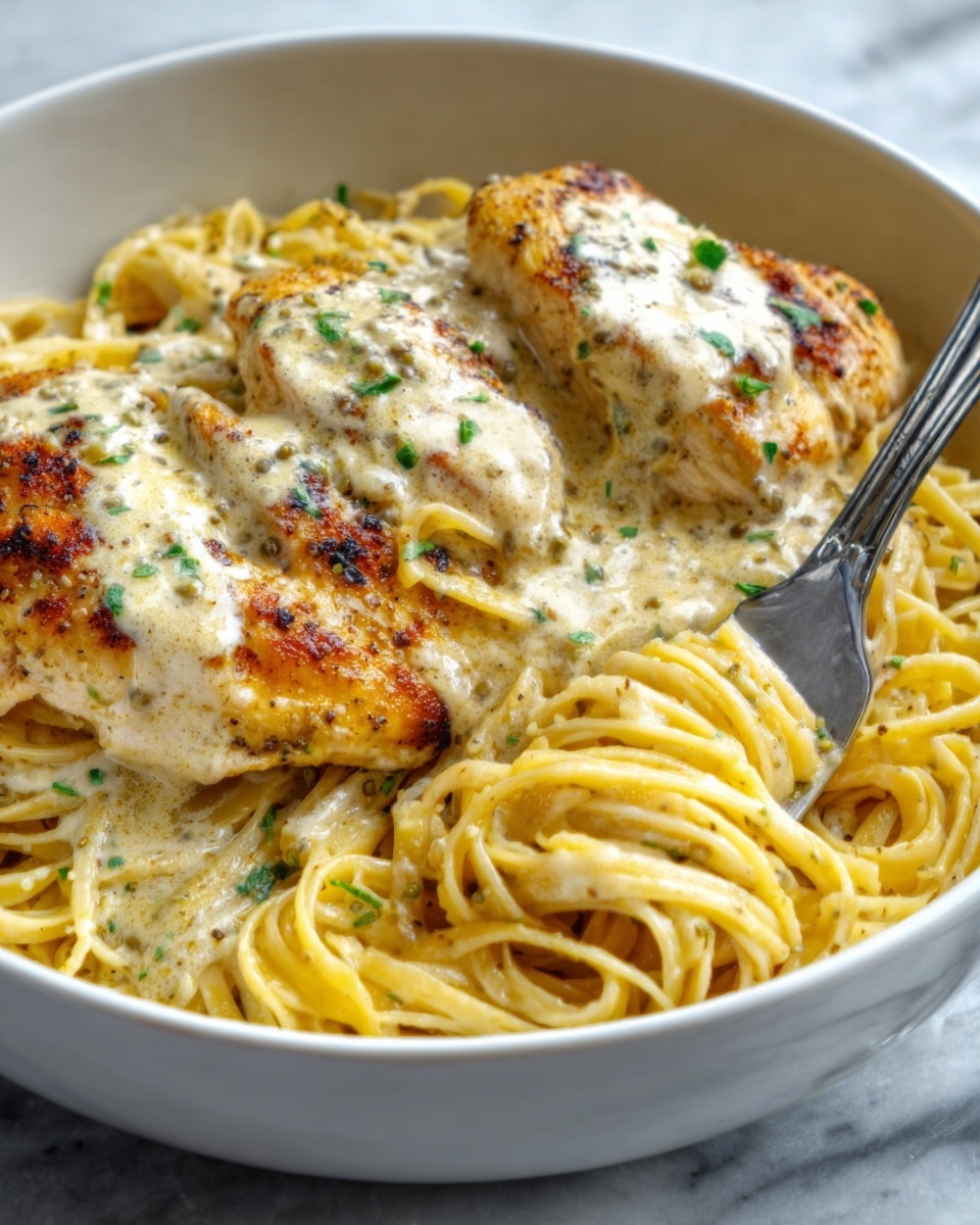 A white bowl filled with creamy chicken Alfredo pasta, featuring two golden-brown, grilled chicken breasts on top of a nest of spaghetti coated in rich white Alfredo sauce, sprinkled with chopped green parsley and cracked black pepper. A silver fork is twirling some pasta near the edge of the bowl, all set on a white marbled surface. Photo taken with an iphone --ar 4:5 --v 7