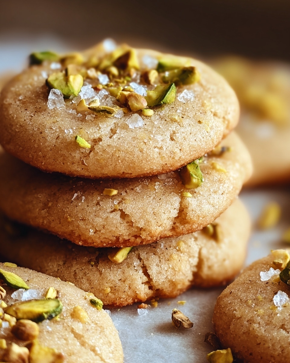 The image shows a close-up of golden-brown cookies stacked on a white marbled surface. Each cookie is round, with a slightly cracked texture on top, and is sprinkled generously with chopped green pistachios and flakes of coarse white sea salt. The cookies appear soft but firm, with a warm and inviting look, and the nuts are scattered across the surface, adding texture and color contrast. In the background, more cookies are visible, slightly out of focus, creating a sense of depth. photo taken with an iphone --ar 4:5 --v 7