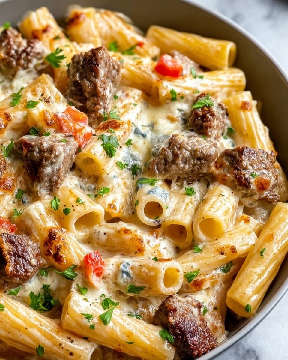 This close-up image shows a creamy pasta dish in a white bowl set on a white marbled surface. The dish has three main layers: rigatoni pasta tubes that are light yellow and smooth, scattered evenly throughout; chunks of browned cooked beef with a slightly crispy texture on top; and a creamy white sauce that coats the pasta and beef, with some melted cheese bubbling and browned in small spots. Small pieces of red bell pepper and green parsley leaves are sprinkled on top, adding color contrast. The scene is bright and focuses on the rich texture and colors of the food. Photo taken with an iphone --ar 4:5 --v 7