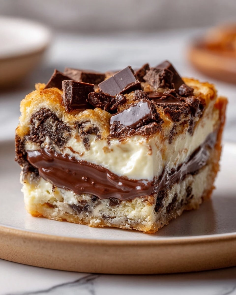 A close-up of a thick slice of a pastry dessert on a white plate, placed on a white marbled surface. The slice shows multiple layers starting from a golden, flaky crust that is slightly browned on the edges. Inside, there is a creamy white layer that looks soft and smooth, followed by a thick, glossy dark chocolate layer that appears slightly melted and gooey. The top of the pastry has chunks of dark chocolate embedded in the golden crust, adding texture and depth. The layers are uneven but richly filled, making the dessert look indulgent and fresh. Photo taken with an iphone --ar 4:5 --v 7
