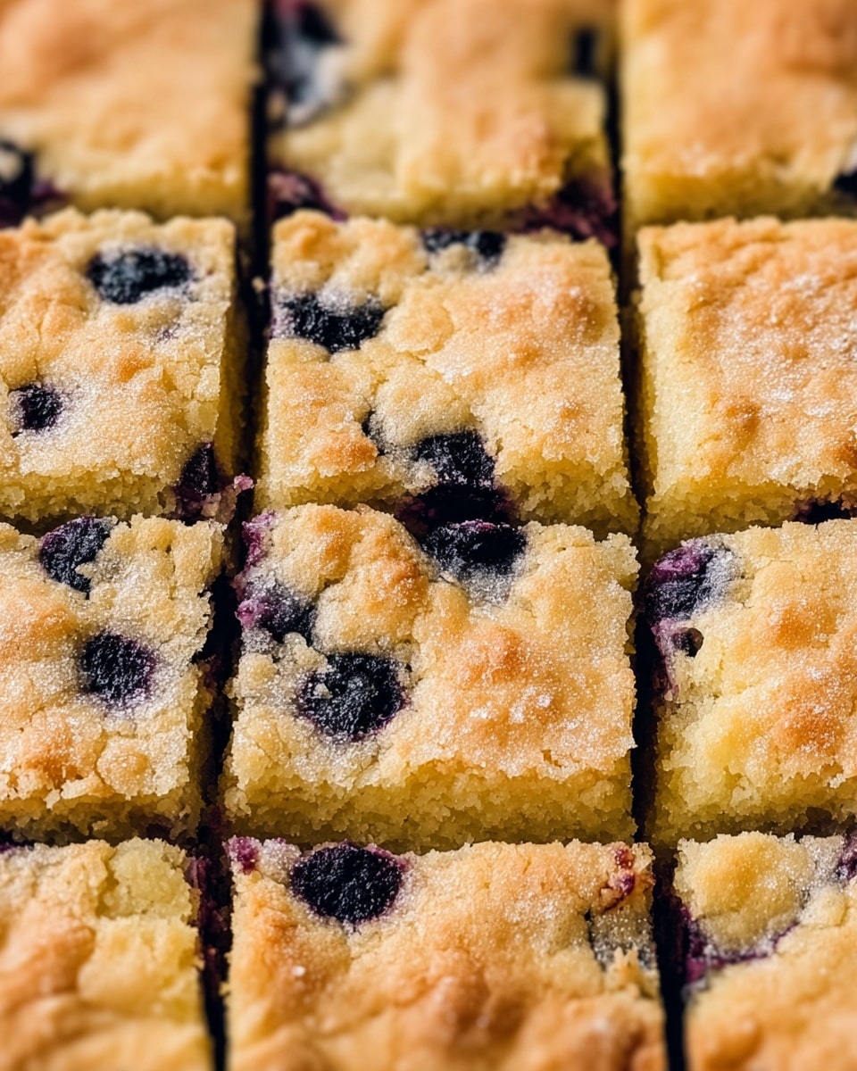 A close-up view of a baked dessert cut into sixteen square pieces arranged tightly together. The top layer is golden brown with a slightly cracked, crumbly texture showing soft and moist areas underneath. Small dark blueberries peek through the light yellow cake base scattered unevenly throughout. The surface has a sugar-dusted look with gentle ridges and a chewy appearance. The dessert rests on a white marbled texture, filling the frame smoothly. Photo taken with an iphone --ar 4:5 --v 7