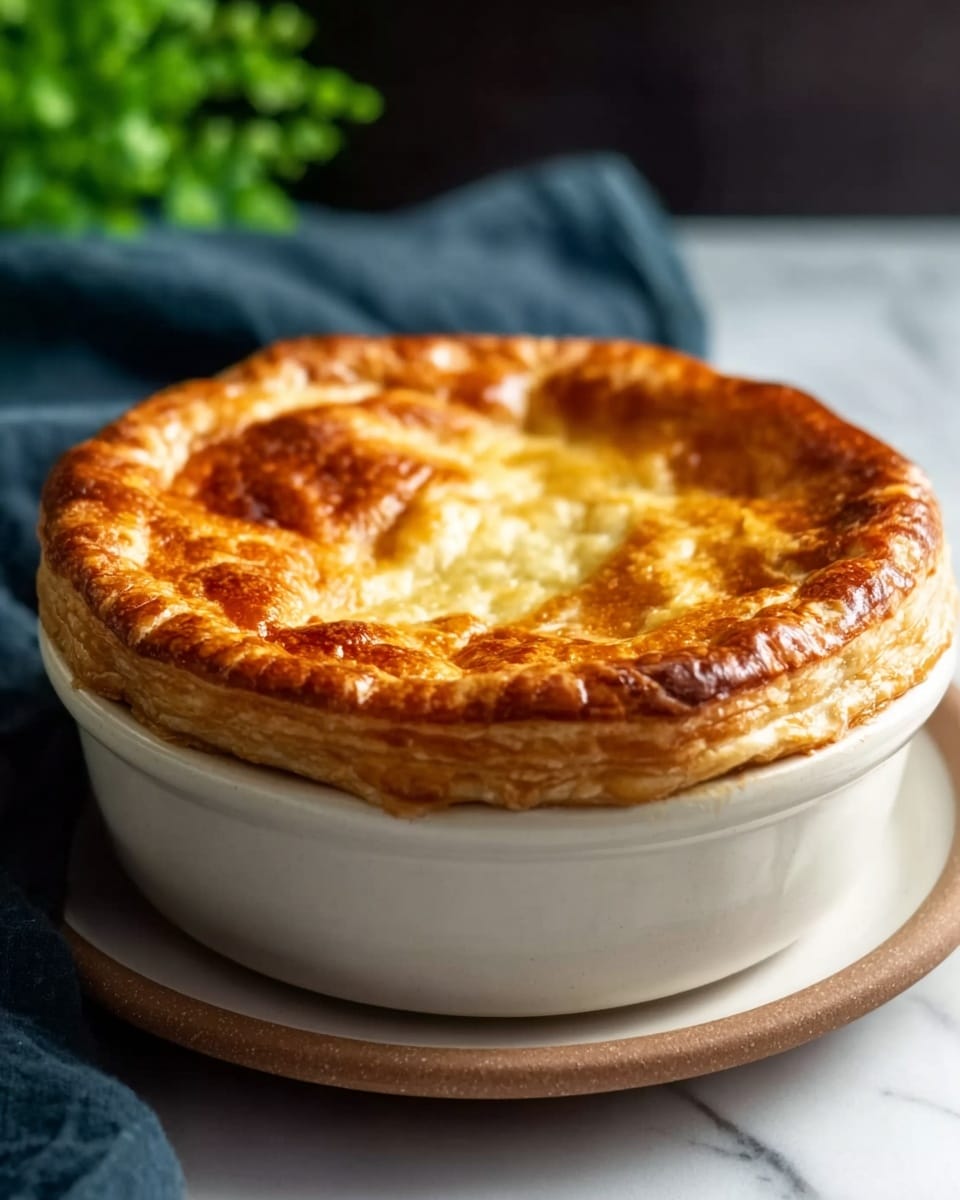 A single white bowl filled with a thick, golden-brown baked pie topped by a shiny, flaky crust that has a slightly puffed and uneven surface. The crust edges are crimped and browned, giving a crispy texture. The bowl sits on a white saucer, and both rest on a white marbled tabletop. The warm lighting highlights the pie’s glossy texture, making it look fresh and appetizing. Photo taken with an iphone --ar 4:5 --v 7