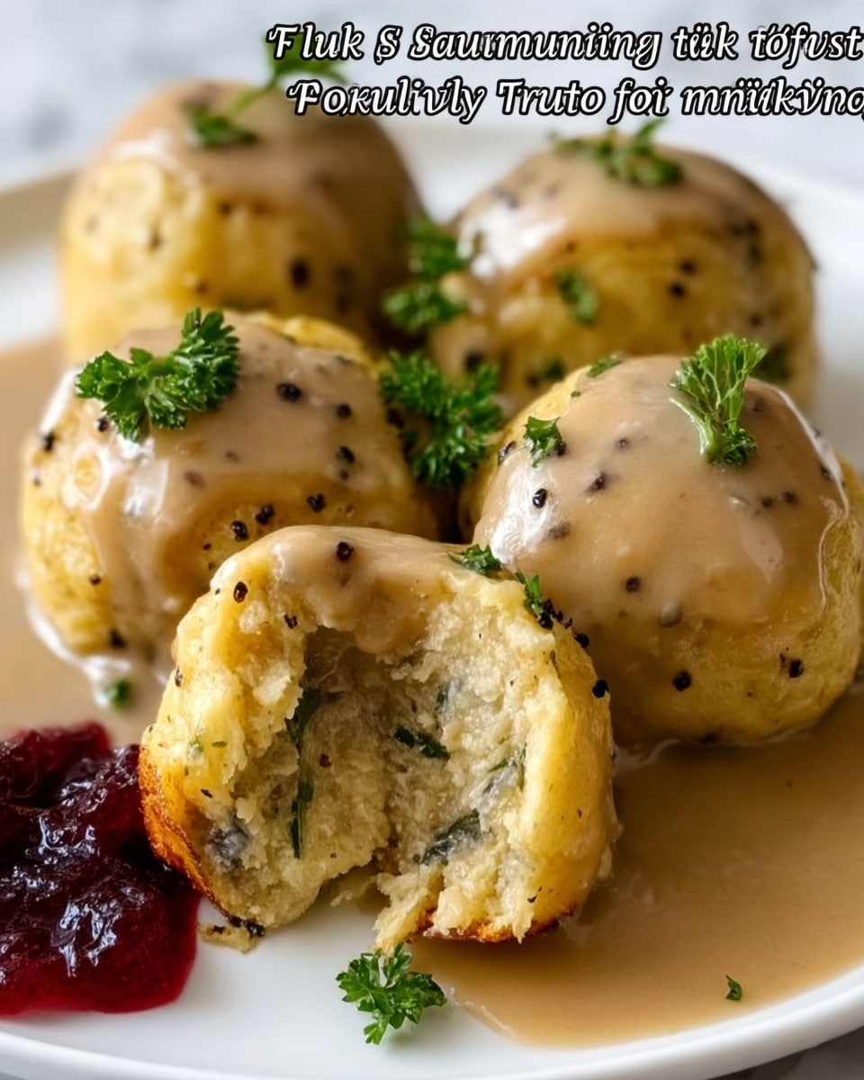 The image shows a close-up of dumplings covered in a creamy, light beige sauce with small green herbs mixed in. The dumplings are soft and slightly golden on the outside, with one dumpling broken open to reveal a moist, textured filling of light green and white bits, likely herbs and vegetables. The dumplings sit on a white plate beside a small serving of dark red cranberry sauce or jam, adding a bright contrast. Fresh small green parsley leaves sprinkle lightly over the dumplings. The background is a white marbled texture. Photo taken with an iphone --ar 4:5 --v 7
