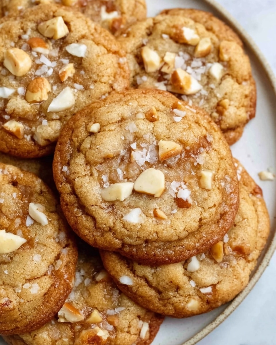A close-up of a white plate holding soft, golden brown cookies with slightly cracked tops, each cookie studded with white and milk chocolate chips and sprinkled with coarse sea salt. The cookies have a chewy texture with some gooey melted chocolate pieces visible. The background is a white marbled surface, giving a clean and bright look. photo taken with an iphone --ar 4:5 --v 7