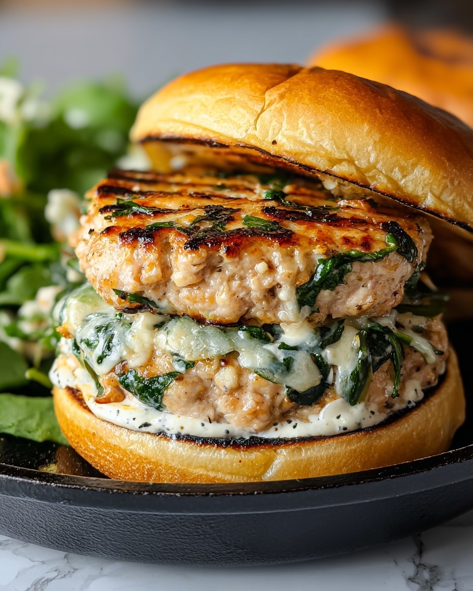 A close-up of a sandwich with two thick, grilled chicken patties mixed with dark green spinach leaves, stacked inside a soft, golden-brown toasted bun that has grill marks on the top. Melted white cheese is slightly oozing out from the top patty, and some creamy white sauce is spread on the bottom bun. The sandwich sits on a dark dish, with some blurred green and red salad in the background on a white marbled surface. photo taken with an iphone --ar 4:5 --v 7