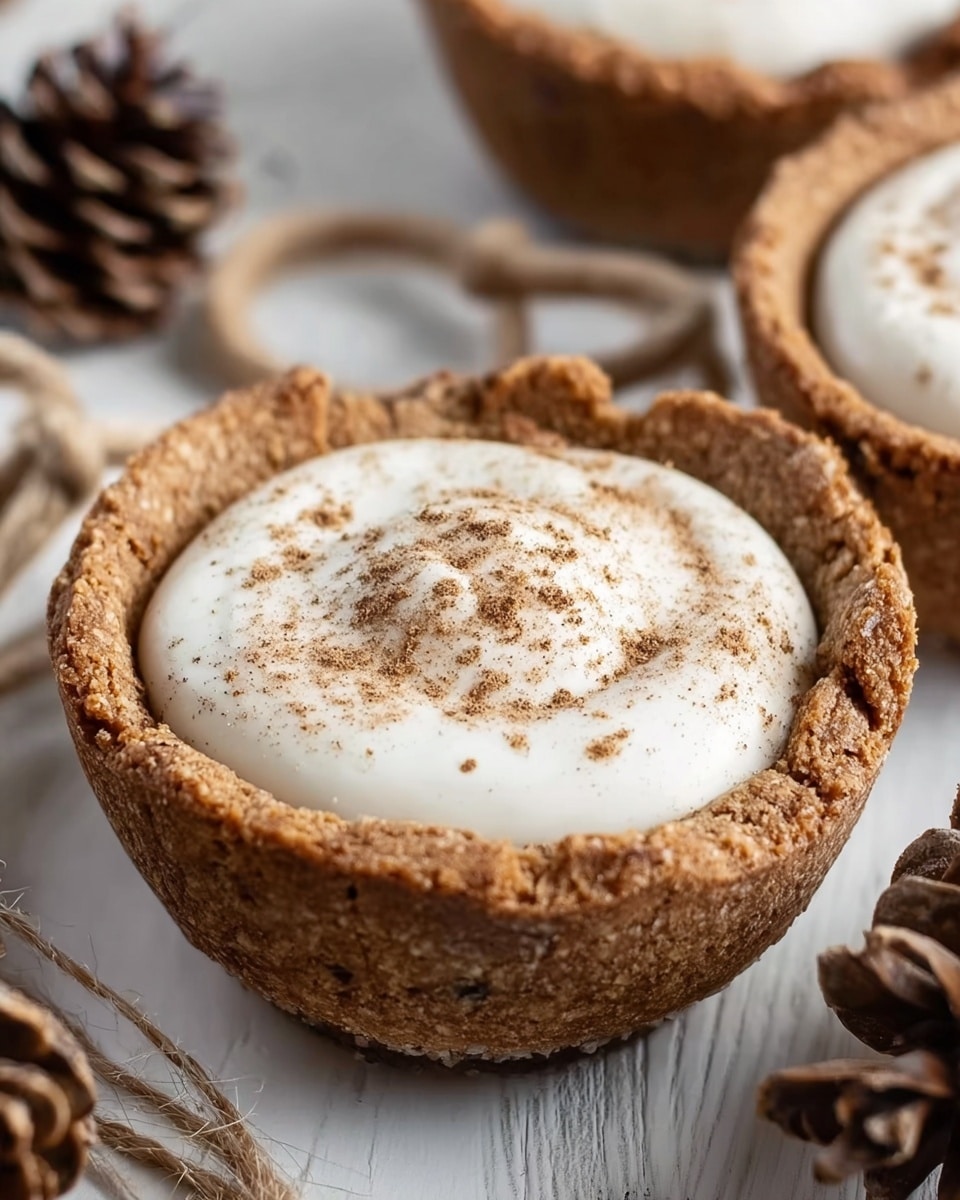 The image shows a round dessert cup made from a thick, crumbly brown cookie base with a slightly rough texture and small cracks on the surface. Inside the cookie cup is a smooth white creamy filling topped with a light dusting of brown spice or cinnamon. The cookie cups are placed on a white marbled surface, surrounded by decorative pine cones and pieces of twine. The lighting highlights the textures and creates soft shadows. photo taken with an iphone --ar 4:5 --v 7