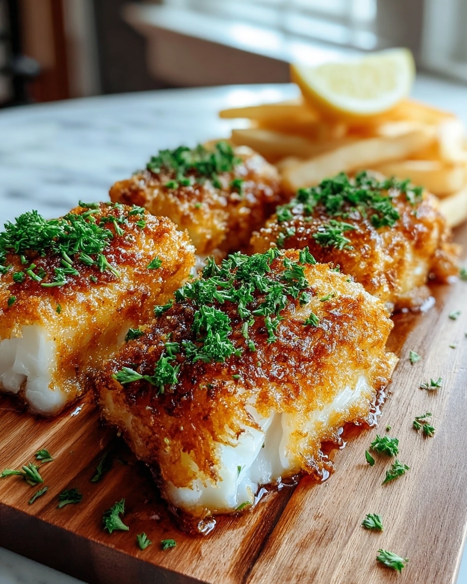 Four pieces of crispy golden-brown breaded fish with white flaky inside are placed on a wooden board. Each fish piece is topped with finely chopped fresh green parsley. In the back, there is a white lemon wedge and some pale-yellow fries. The scene is on a white marbled surface with soft natural light coming from a window. Photo taken with an iphone --ar 4:5 --v 7