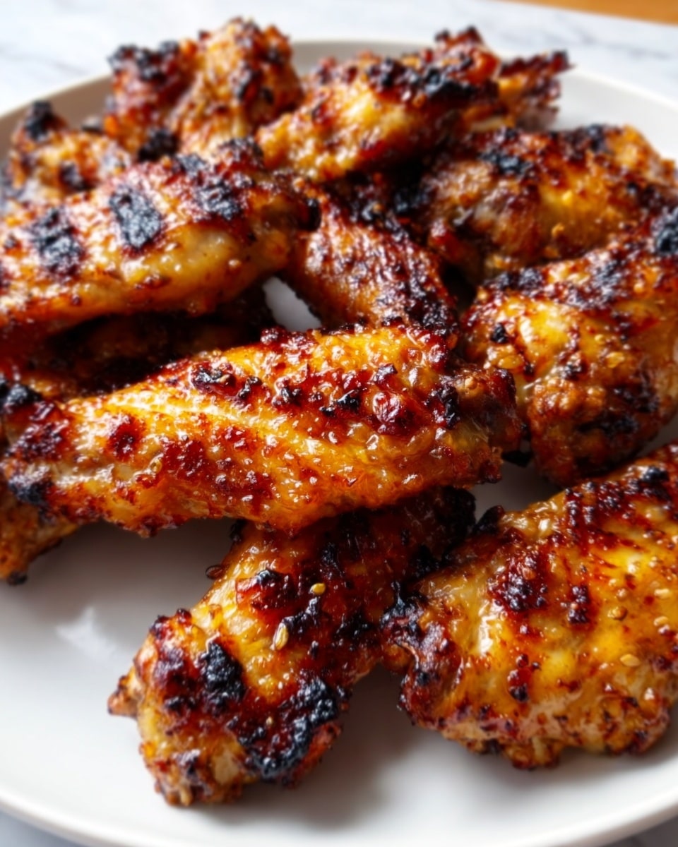 The image shows a close-up of several grilled chicken wings placed on a white plate. The wings have a crispy texture with golden brown and slightly charred skin, mixed with darker grill marks and small bits of caramelized seasoning spread evenly. The rich glaze on the wings reflects light, giving them a shiny and juicy appearance. The background is a white marbled surface, adding a clean and simple look to the presentation. Photo taken with an iphone --ar 4:5 --v 7
