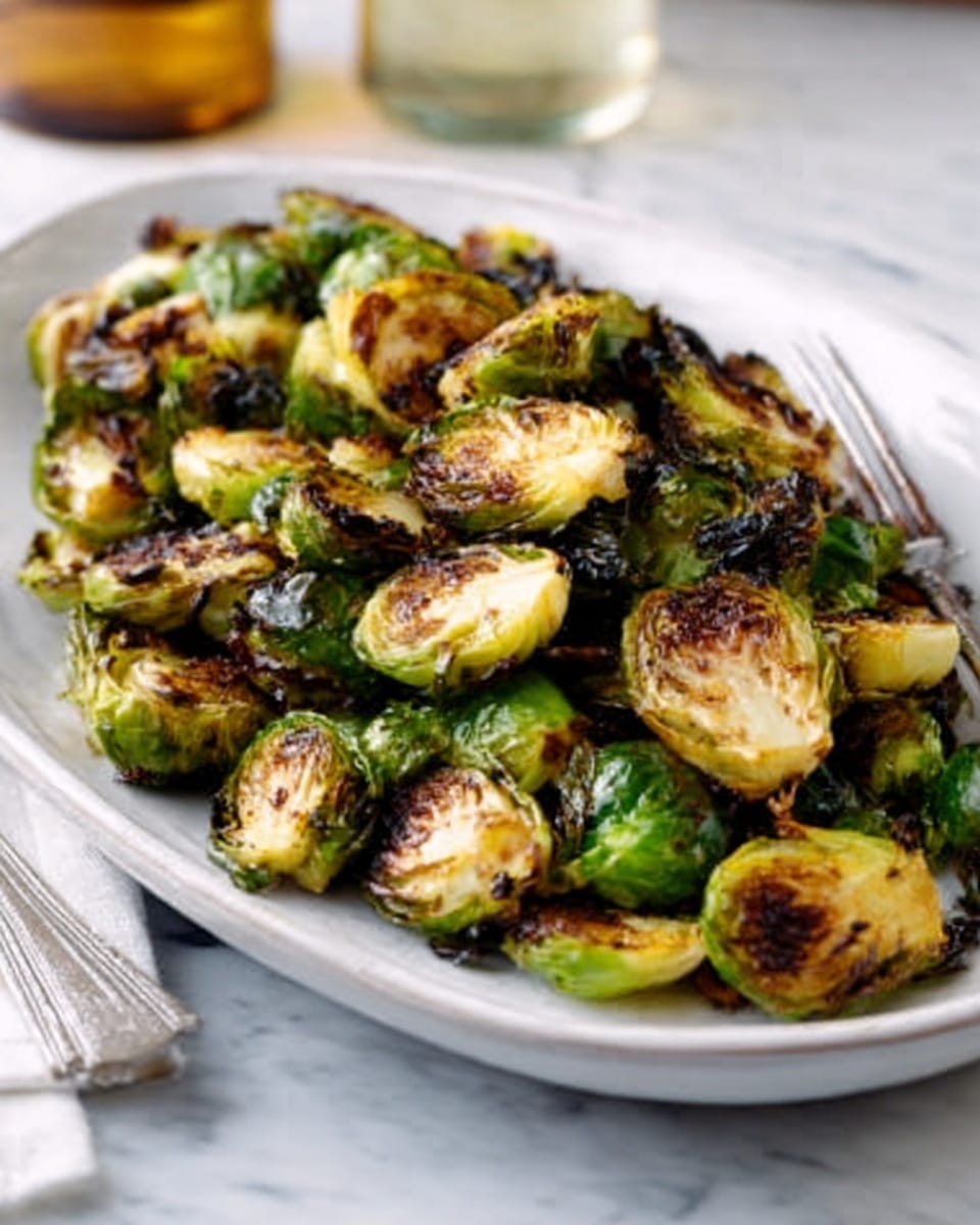 A white oval plate filled with roasted Brussels sprouts, showing a mix of bright and dark green leaves with charred black edges. The sprouts are bite-sized, piled evenly across the plate, revealing a crispy texture with hints of light brown spots. The plate sits on a white marbled surface, with a blurred background including a bottle and some utensils. The lighting brings out the shiny, slightly oily texture of the roasted vegetables. Photo taken with an iphone --ar 4:5 --v 7
