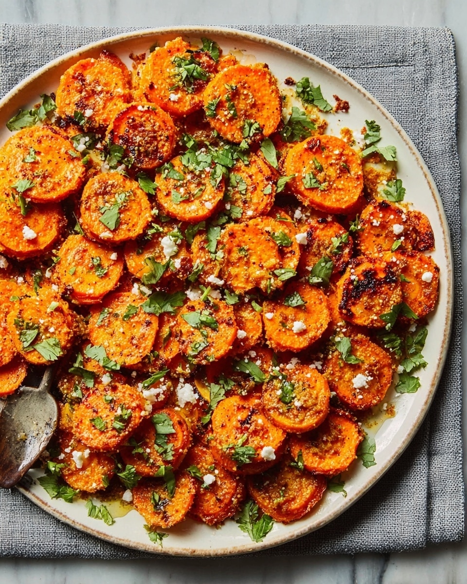 A white plate filled with about fifteen round slices of roasted orange sweet potato, each slice showing a caramelized, slightly crispy golden-brown outer edge with a soft yellow-orange center. The slices are stacked in a loose pile across the plate. The dish is topped with finely chopped green parsley scattered evenly all over the sweet potatoes, and a light dusting of white grated cheese or salt crystals adds texture and contrast. Fresh parsley sprigs are placed on the side of the plate for garnish. The plate sits on a dark gray textured cloth, all on a white marbled surface. Photo taken with an iphone --ar 4:5 --v 7