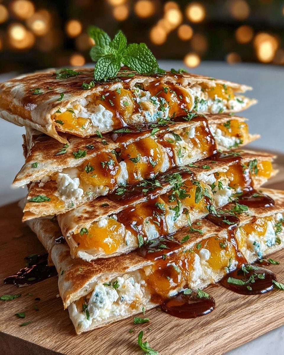 A stack of four folded quesadilla pieces is shown on a wooden board against a white marbled surface, each piece cut into triangles with a browned, crispy golden outside layer. Inside, there are bright orange melted cheese layers combined with crumbly white cheese and green chopped herbs scattered throughout. A sticky dark brown sauce is drizzled over the top and edges, dripping slightly down the sides. Fresh green mint leaves garnish the top, adding a pop of color to the warm, inviting texture of the quesadillas. photo taken with an iphone --ar 4:5 --v 7