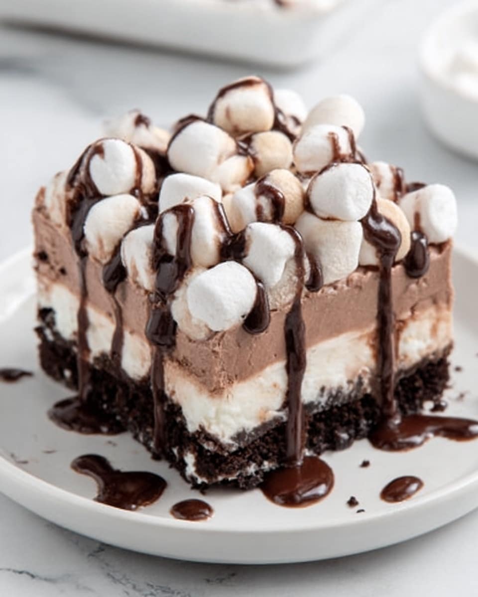 The image shows a layered dessert on a white plate placed on a white marbled surface. The base layer is a dark, crumbly cookie crust. Above that is a thick, smooth light brown layer of chocolate mousse. On top of the mousse are round white marshmallows spread evenly. The dessert is finished with a generous layer of white whipped cream, dotted with small peaks. Chocolate syrup is drizzled over the whipped cream and marshmallows, dripping slightly down the sides. The overall look is rich and inviting, with clear, distinct layers. Photo taken with an iphone --ar 4:5 --v 7
