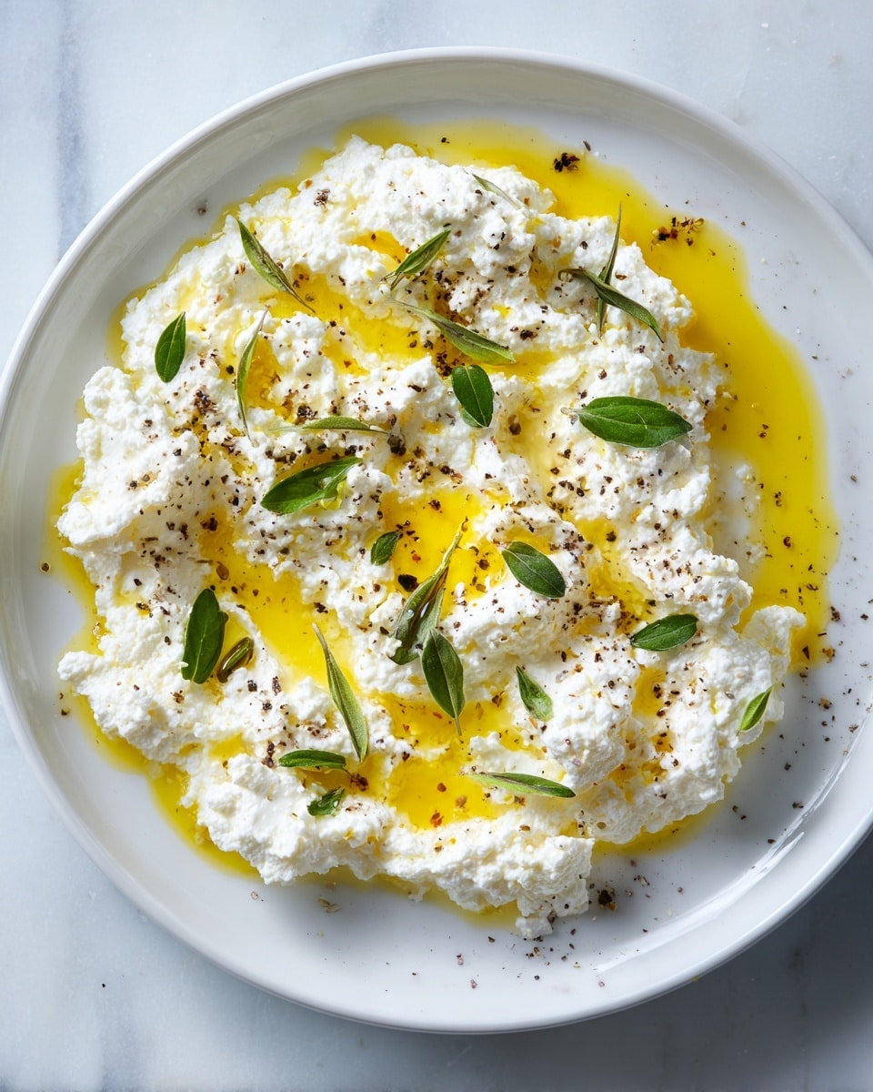 A white plate filled with a thick layer of soft, white, and fluffy cottage cheese spread evenly, topped with bright yellow olive oil pooled in the crevices, sprinkled with coarse black pepper and small green herb leaves scattered on top, all sitting on a white marbled surface. photo taken with an iphone --ar 4:5 --v 7