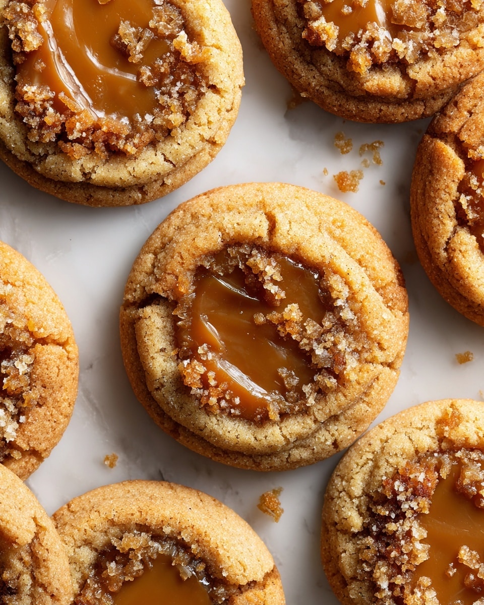 The image shows several round cookies with a rough, crumbly texture and a deep golden brown color, each with a shiny caramel-colored filling in the center that looks smooth and slightly melted. The cookies have a thick, uneven crust with darker brown baked spots scattered across the surface, creating a rustic look. They are placed closely together on a white marbled surface. The close-up view highlights the contrast between the crispy cookie edges and the soft, gooey caramel filling inside. photo taken with an iphone --ar 4:5 --v 7