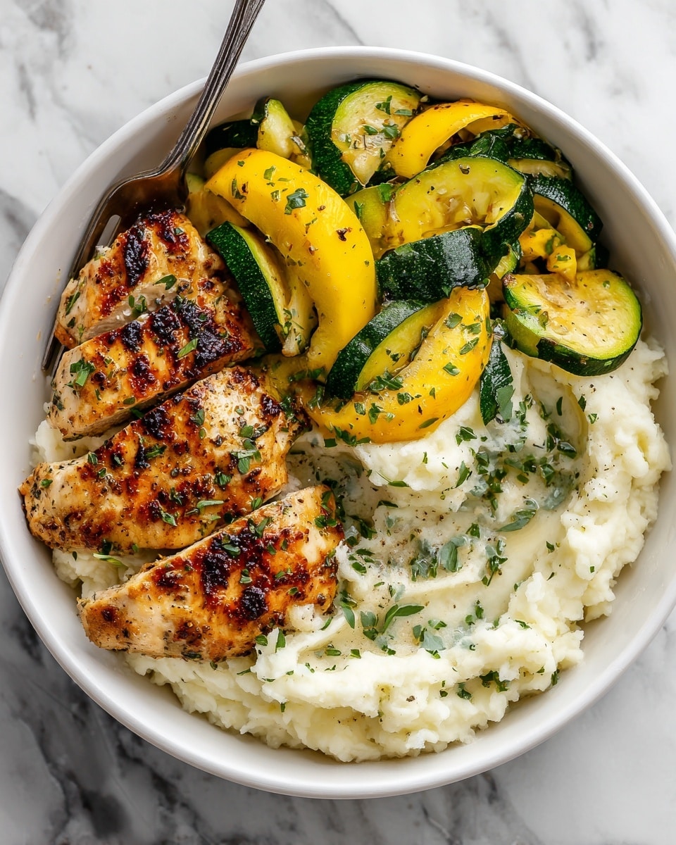A white bowl holds a meal with three main parts layered side by side. On the bottom left, there is a creamy, smooth layer of white mashed potatoes. On top of this, two golden-brown grilled chicken breasts sit, speckled with bits of green herbs and topped with melted butter that glistens slightly. Thin lemon slices are placed partly under and on top of the chicken, adding a pale yellow color contrast. To the right of the chicken, there is a pile of sautéed green and yellow zucchini strips, cooked until tender with a slight shine from oil. A metal fork rests among the zucchini, partially visible on the right side. The bowl is placed on a white marbled surface with small green herb pieces scattered around. Photo taken with an iphone --ar 4:5 --v 7