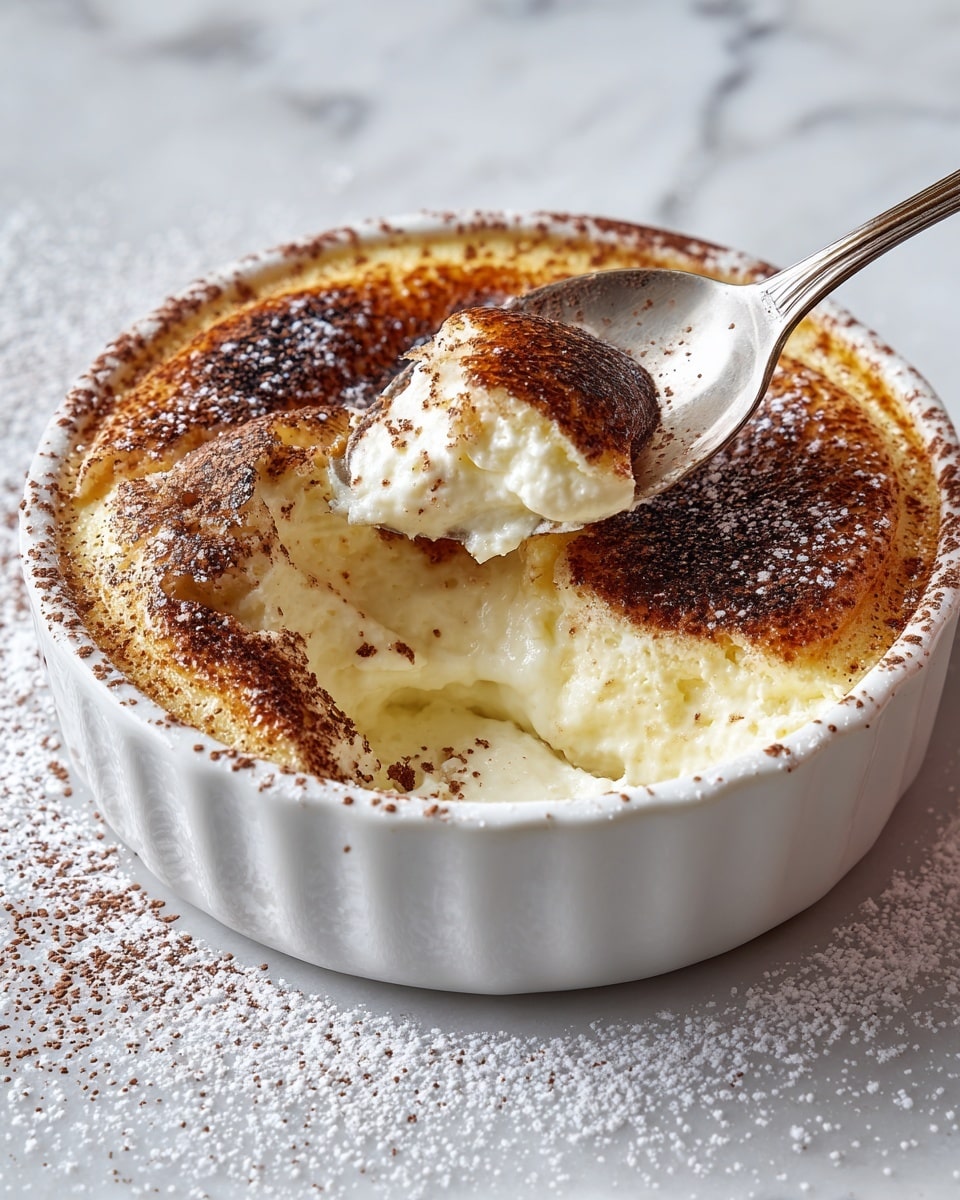 A round white ceramic dish holds a fluffy baked dessert with a light golden-brown top layer covered in a dusting of cocoa powder and powdered sugar, creating a slightly uneven textured surface with darker brown patches. A spoon scoops a soft, creamy inner layer that is pale off-white and smooth, visible through a scoop taken from the side, showing the contrast between the airy top and the moist inside. The dish sits on a white marbled surface with soft natural lighting highlighting the dessert's texture and color. Photo taken with an iphone --ar 4:5 --v 7