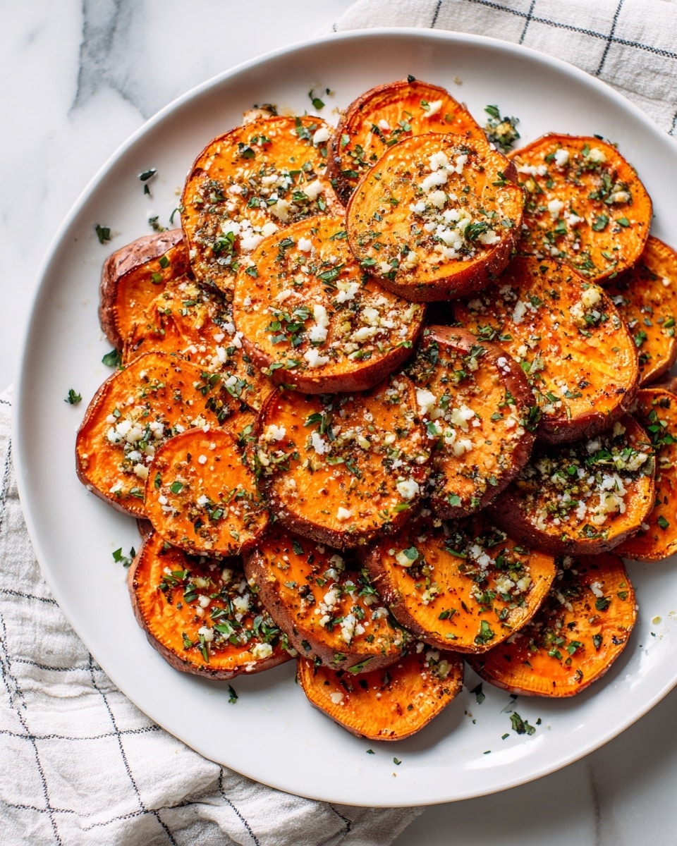 A round white plate with a speckled light brown rim holds about sixteen thick slices of roasted sweet potatoes arranged in a loose circular pattern. Each slice shows a bright orange center with a slightly crispy, browned edge and is topped with small bits of herbs and finely grated white cheese. The slices are glistening with a golden, oily seasoning that pools slightly around them. This is set on a white marbled surface with a beige and white checkered cloth partially underneath the plate. photo taken with an iphone --ar 4:5 --v 7