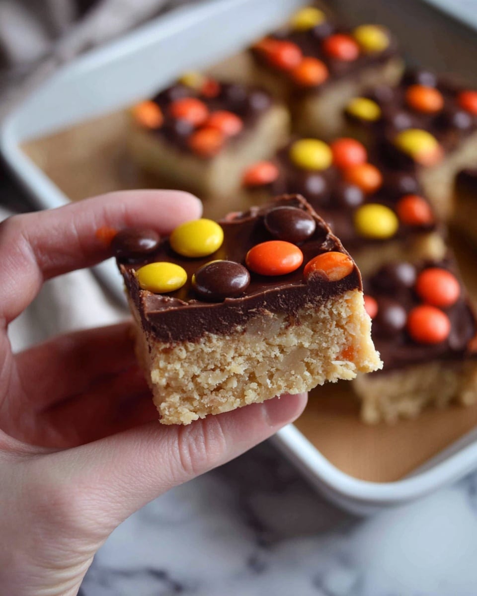 A close-up of a woman's hand holding a square piece of dessert with three visible layers: a light beige, crumbly bottom layer, a smooth dark brown chocolate middle layer, and colorful orange, yellow, and dark brown candy-coated chocolates on top. Below the woman's hand, the rest of the dessert lies on a white baking tray with a silicone mat, showing the same layers and scattered candy pieces. The background is a white marbled surface. photo taken with an iphone --ar 4:5 --v 7