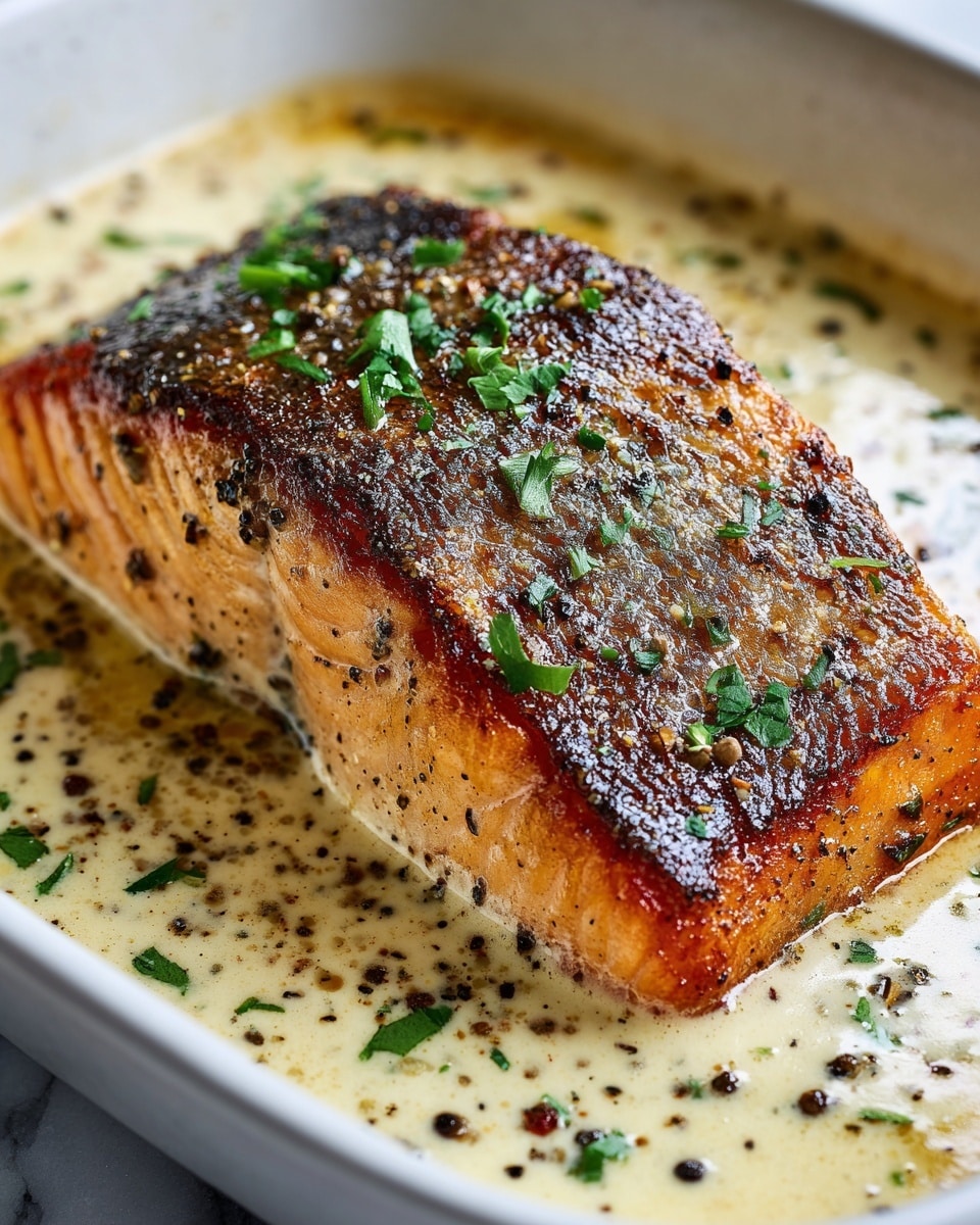 A thick, rectangular piece of salmon with a crispy, golden-brown top layer speckled with black pepper sits in the center of a white rectangular dish. The salmon's sides reveal a tender, light pink texture. It is covered with a creamy, light beige sauce that pools around the salmon and has tiny black pepper bits. Small green herb pieces are sprinkled on top of the sauce, adding a fresh touch. The dish rests on a white marbled surface. photo taken with an iphone --ar 4:5 --v 7