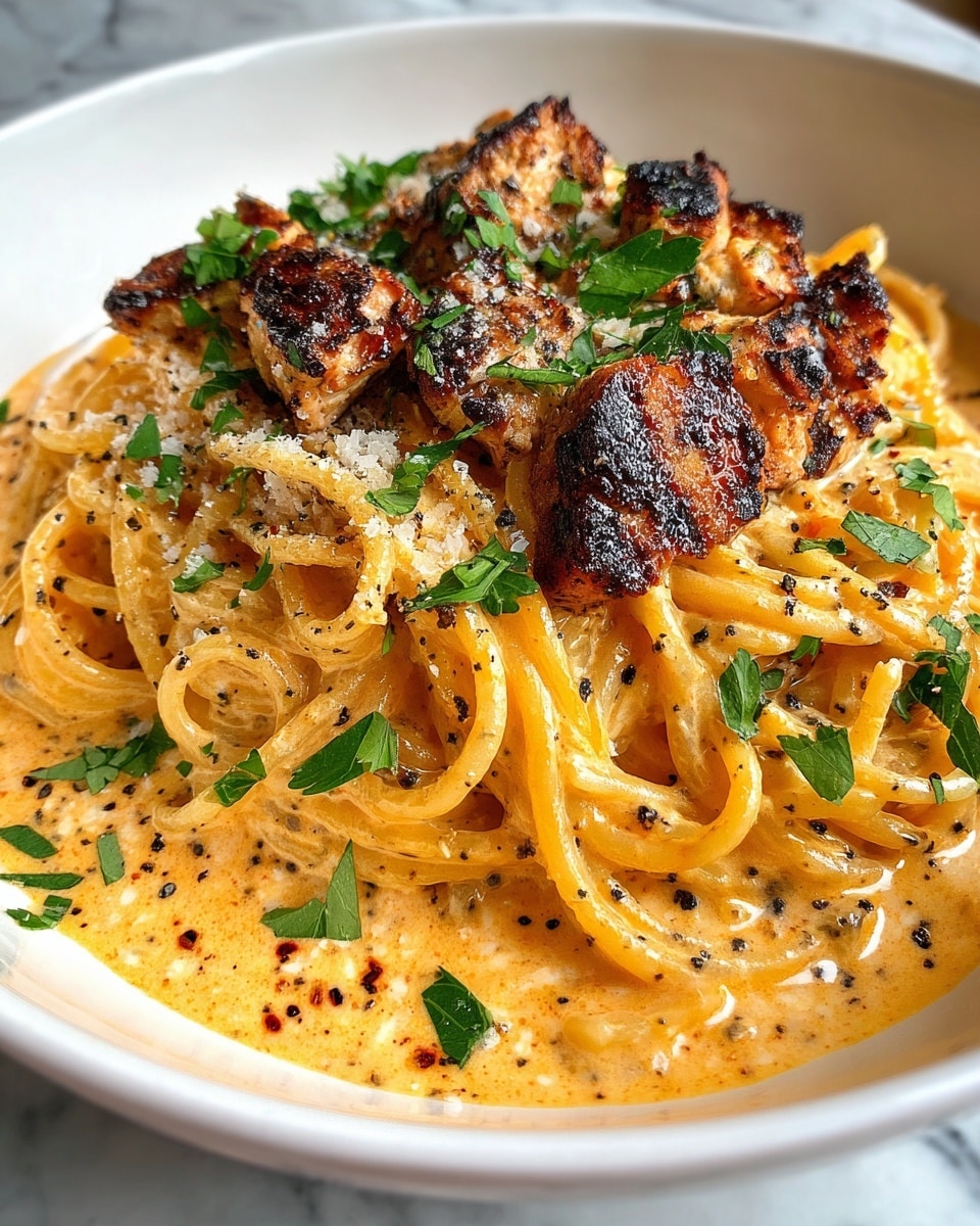 A white bowl holds a creamy pasta dish with two main layers. The bottom layer is a bed of thick, coated spaghetti noodles soaked in a rich, light orange cream sauce with visible black pepper specks. On top lies a generous layer of grilled chicken pieces, browned with char marks and a glossy texture. Scattered fresh chopped green parsley leaves add a splash of color on the chicken. The whole dish looks warm and inviting on a white marbled surface. photo taken with an iphone --ar 4:5 --v 7