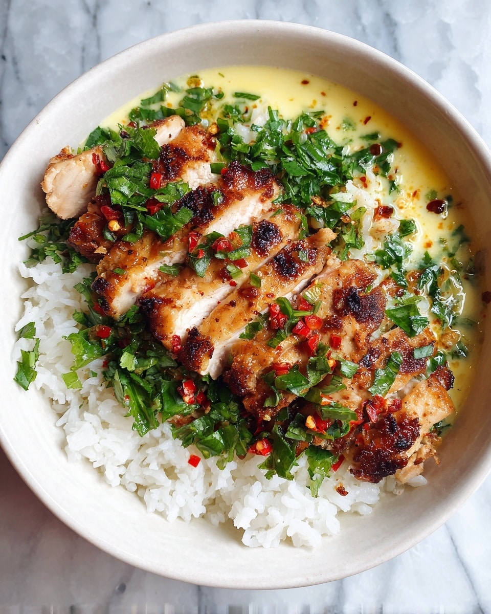 A white bowl contains three layers: the bottom layer is soft white rice, the middle layer consists of grilled chicken breast sliced into thick pieces with a golden-brown, slightly charred texture, and the top layer is creamy light yellow sauce with green herbs and red chili flakes spread over the chicken. Fresh chopped green herbs are sprinkled on top of the sauce, adding a pop of color. The bowl is placed on a white marbled surface. photo taken with an iphone --ar 4:5 --v 7