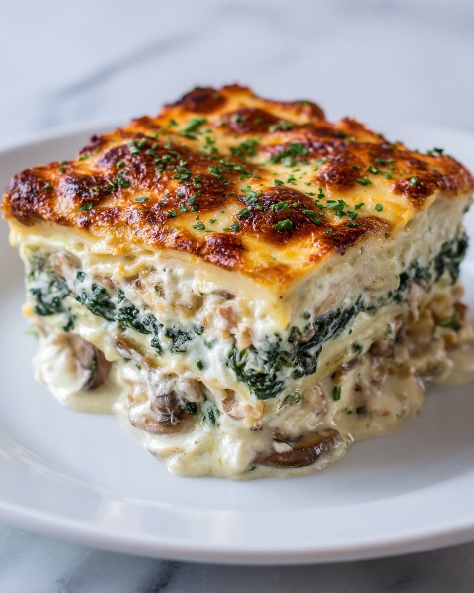 The dish shows a close-up of a square piece of cheesy baked casserole with three visible layers. The bottom layer is a thick, creamy white base, likely ricotta or a similar cheese. The middle layer is filled with small pieces of cooked mushrooms that are brown and slightly soft in texture. The top layer is covered with melted golden-brown cheese bubbly and slightly browned in spots. The edges look slightly crispy, and some finely chopped green herbs are sprinkled on top. A woman's hand holding a metal spatula is cutting or serving a piece. The dish is on a white plate with a white marbled texture under it. photo taken with an iphone --ar 4:5 --v 7