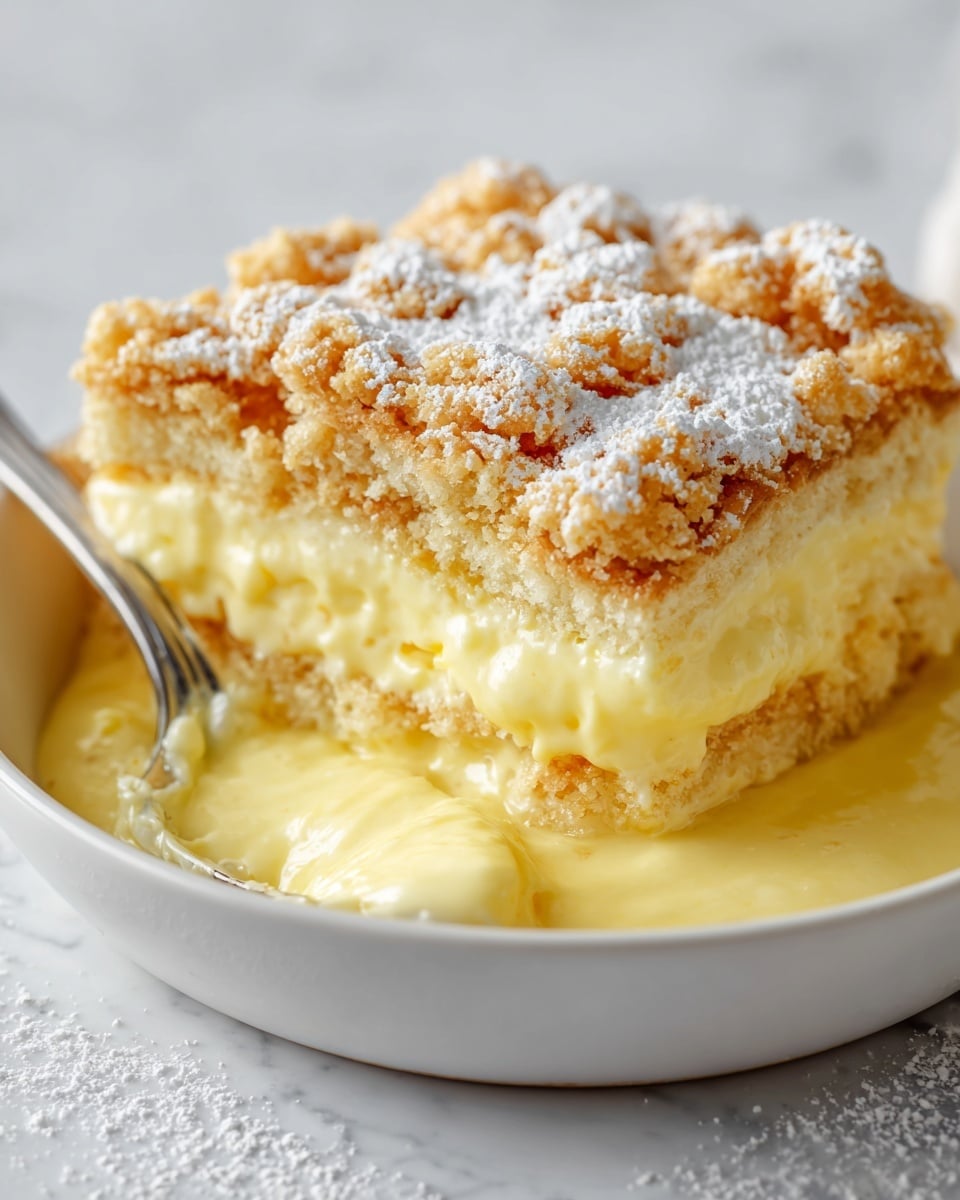 A close-up view of a dessert with multiple layers showing a soft, golden-brown crumbly topping that looks crispy and uneven in shape, sprinkled lightly with white powdered sugar. Below the topping, there is a creamy layer of smooth, pale yellow custard or cream that appears thick and rich. The dessert sits in a white bowl, and the background is a clean white marbled texture. The lighting highlights the textures clearly, making the crumbly top and creamy middle look very inviting. Photo taken with an iphone --ar 4:5 --v 7