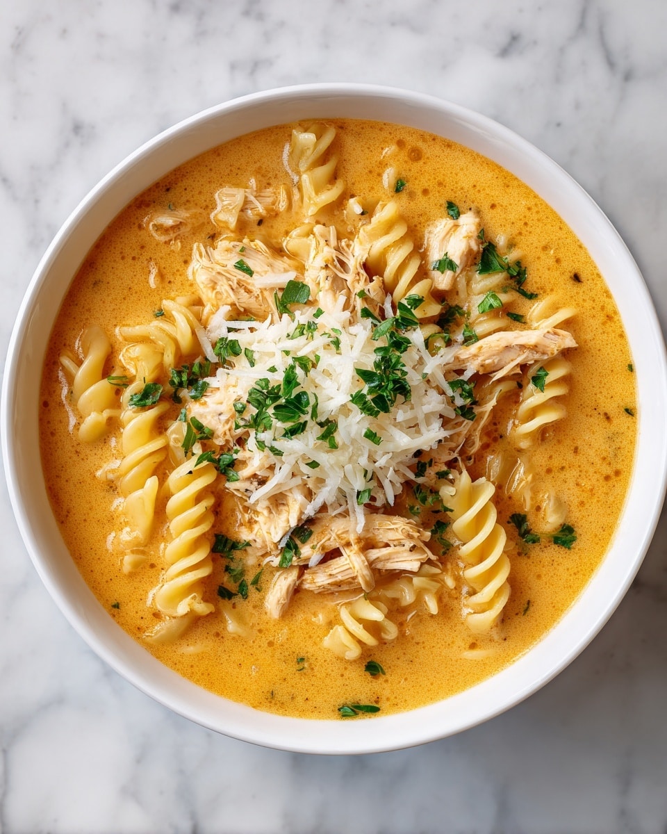 A white bowl filled with creamy orange soup, topped with small pieces of cooked chicken and sprinkled with grated white cheese and green herbs. Part of a woman's hand holds the edge of the bowl. The bowl sits on a white marbled surface. photo taken with an iphone --ar 4:5 --v 7