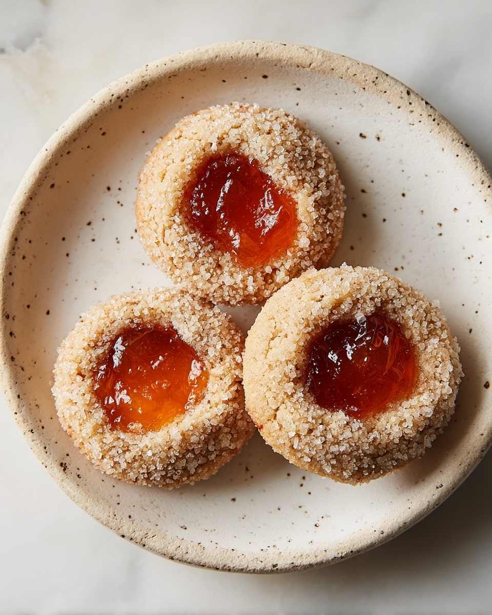 A close-up view shows three round cookies on a white plate, each with a cracked, golden-brown outer layer covered in a coarse sugar texture. At the center of each cookie is a smooth, glossy, amber-colored jam filling that shines under the light, contrasting with the rough cookie edges. The plate rests on a white marbled surface, enhancing the warm tones of the cookies. photo taken with an iphone --ar 4:5 --v 7
