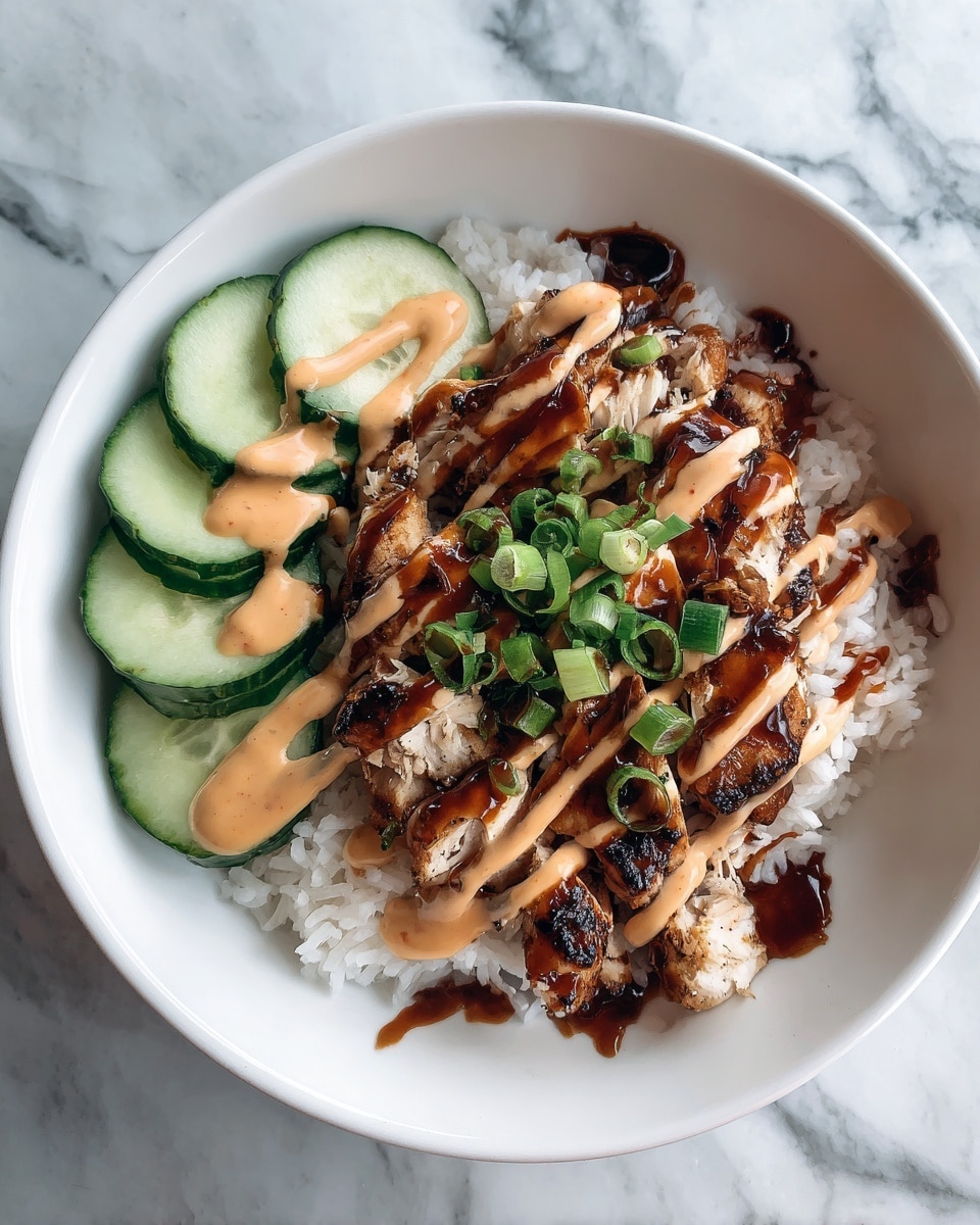 A white bowl filled with a base of white rice topped with multiple grilled chicken pieces coated in a creamy orange sauce. Around the edges, there are fresh green cucumber slices and chopped green onions scattered over the chicken. The chicken has a slightly charred texture with a rich, glossy sauce giving it a smooth appearance. The fresh cucumber slices add a crisp bright green color, contrasting the warm tones of the chicken and sauce. The dish sits on a white marbled surface. photo taken with an iphone --ar 4:5 --v 7
