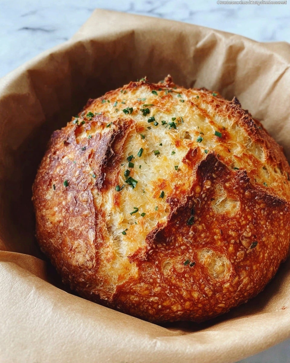 A round loaf of bread with a golden-brown, crispy crust resting in a white bowl lined with light brown parchment paper. The bread has a rough texture with a few small cracks and a slightly uneven surface showing its fluffy, soft inside that is a pale yellow color. Small bits of green herbs are sprinkled slightly on top, adding a touch of color contrast to the warm tones of the crust. The bowl and bread are placed on a white marbled surface. photo taken with an iphone --ar 4:5 --v 7