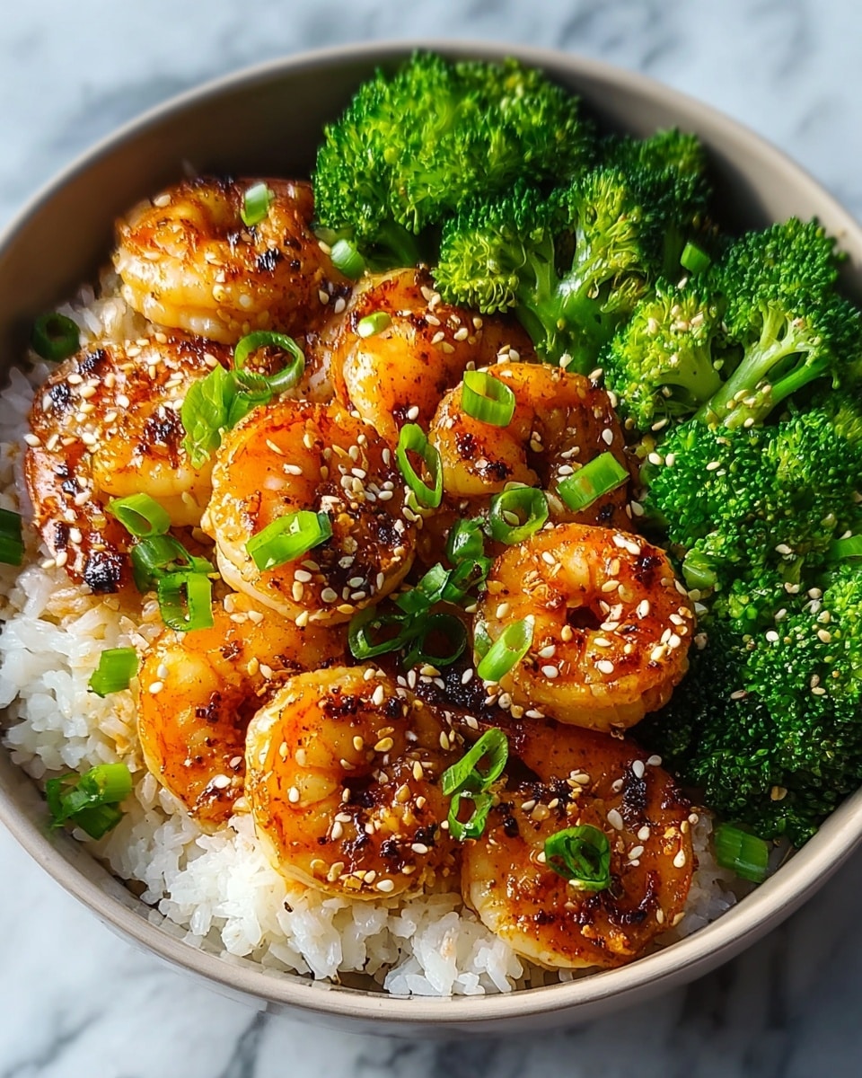A bowl with a base layer of white cooked rice, topped with a middle layer of grilled shrimp that are orange-brown with char marks and sprinkled with white sesame seeds and chopped green onions. Around the shrimp, there is a ring of bright green steamed broccoli with a slightly crisp texture. The bowl itself is white, set on a white marbled surface. photo taken with an iphone --ar 4:5 --v 7