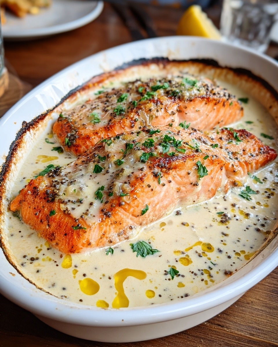 A white oval dish holds a large piece of cooked salmon cut into two thick sections, each showing a bright orange color with a slightly charred surface. The salmon is covered in a creamy white sauce with visible black pepper and mustard seeds, and garnished with small green parsley leaves scattered on top and in the sauce. The sauce pools around the fish, showing a smooth texture with a few drops of yellow oil and specks of black pepper. The edges of the dish have browned marks where the sauce has baked. The setting includes a wooden table with hints of other items blurred in the background. photo taken with an iphone --ar 4:5 --v 7