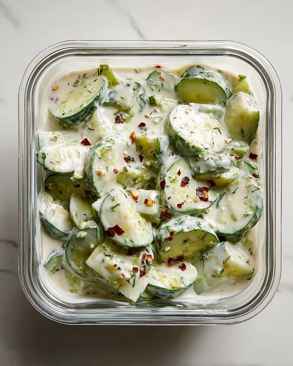 A clear square glass container filled with a creamy cucumber salad, this dish shows thick slices and chunks of green cucumber mixed evenly in a white, yogurt-based sauce with small green herb bits and red chili flakes scattered throughout. The cucumbers' smooth, shiny skin contrasts with the soft texture of the sauce, and the colors of the green cucumbers and red flakes stand out vividly against the white sauce. The container sits on a white marbled surface. photo taken with an iphone --ar 4:5 --v 7