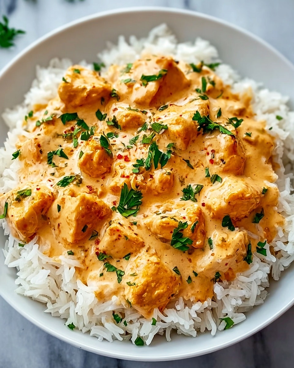 The image shows a white plate filled with fluffy white rice forming the base layer, topped with chunks of golden-brown chicken coated in a creamy, light orange sauce with a smooth texture. Small green parsley leaves are scattered on top, adding a fresh contrast of color. The sauce looks rich and thick, covering the chicken pieces well, and the dish sits on a white marbled surface. photo taken with an iphone --ar 4:5 --v 7