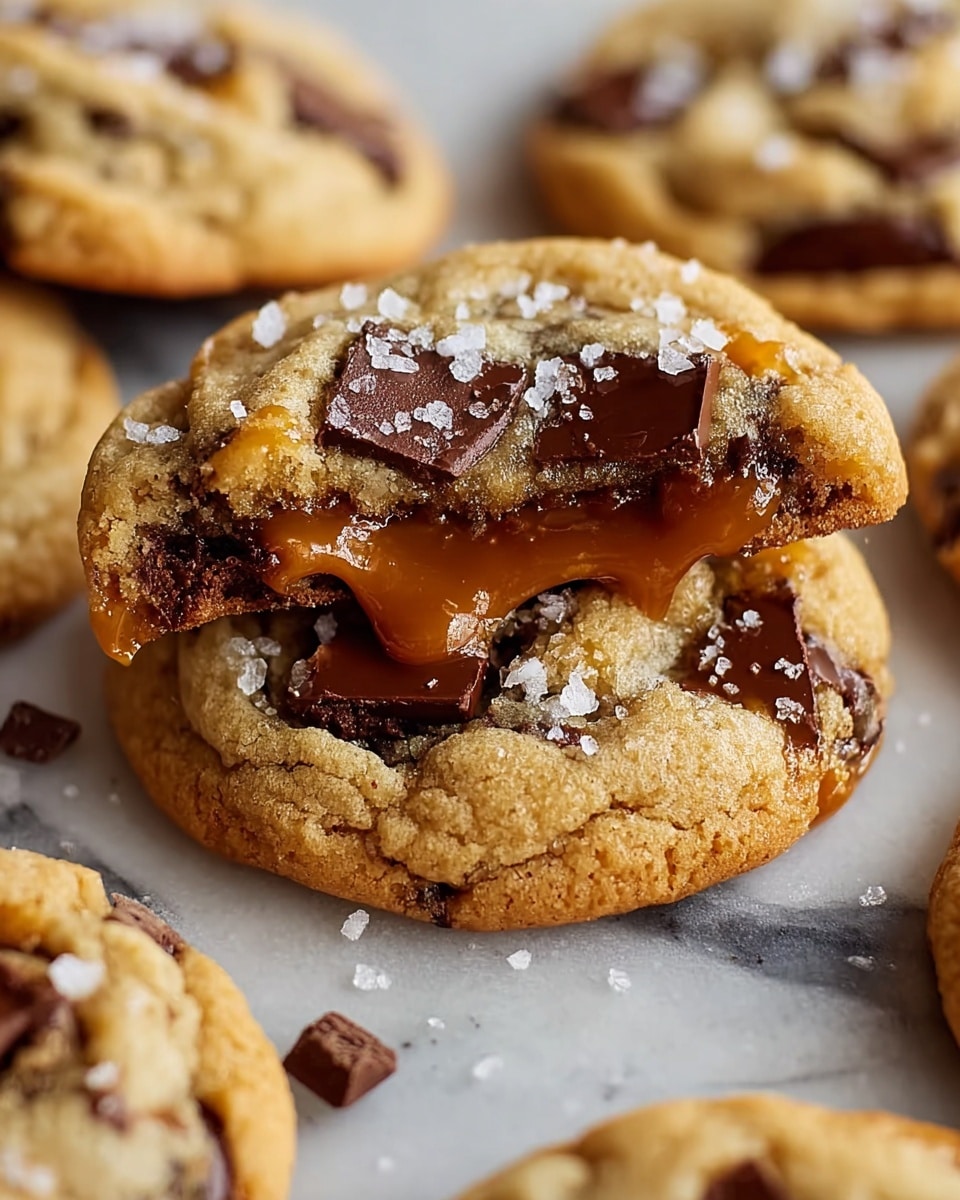 The image shows a close-up view of a soft, thick cookie with a golden-brown outer layer. The cookie has dark chocolate chunks scattered on and inside it. One cookie is split open and stacked on another, revealing a caramel sauce layer inside, which looks glossy and gooey, flowing slightly out of the cookie. Coarse salt crystals are sprinkled on top of the cookies, highlighting their texture and adding sparkle. The cookies sit on a white marbled surface, with more similar cookies blurred softly in the background. photo taken with an iphone --ar 4:5 --v 7