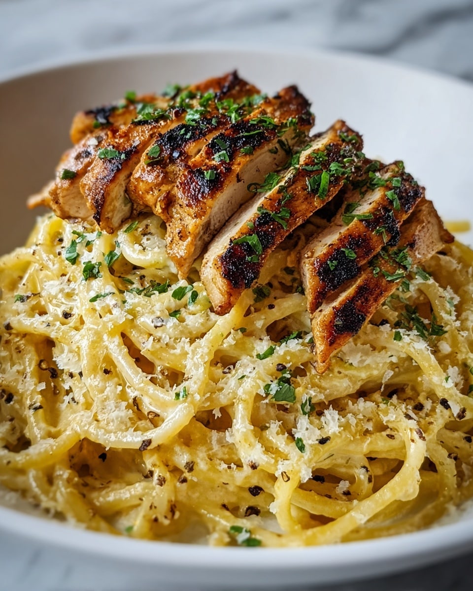A white plate holds a two-layer dish with a base of creamy yellow spaghetti pasta coated in sauce and sprinkled with black pepper and bits of green herbs. On top, there are several strips of golden-brown grilled chicken with crispy dark char marks, garnished with chopped fresh green herbs. The whole plate sits on a white marbled surface. photo taken with an iphone --ar 4:5 --v 7
