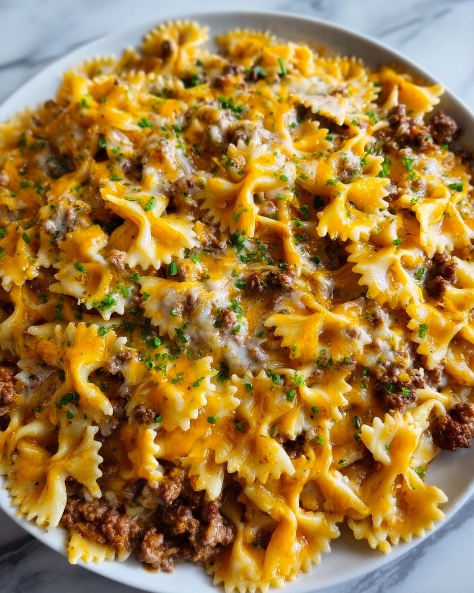 A white plate filled with a layered pasta dish made of bowtie noodles covered in melted yellow and orange cheese on top. Underneath, there is a mix of browned ground meat and some light creamy sauce visible between the pasta. The dish is garnished with small bits of green herbs sprinkled evenly over the cheese, adding a fresh color contrast. The plate is placed on a white marbled surface. Photo taken with an iphone --ar 4:5 --v 7