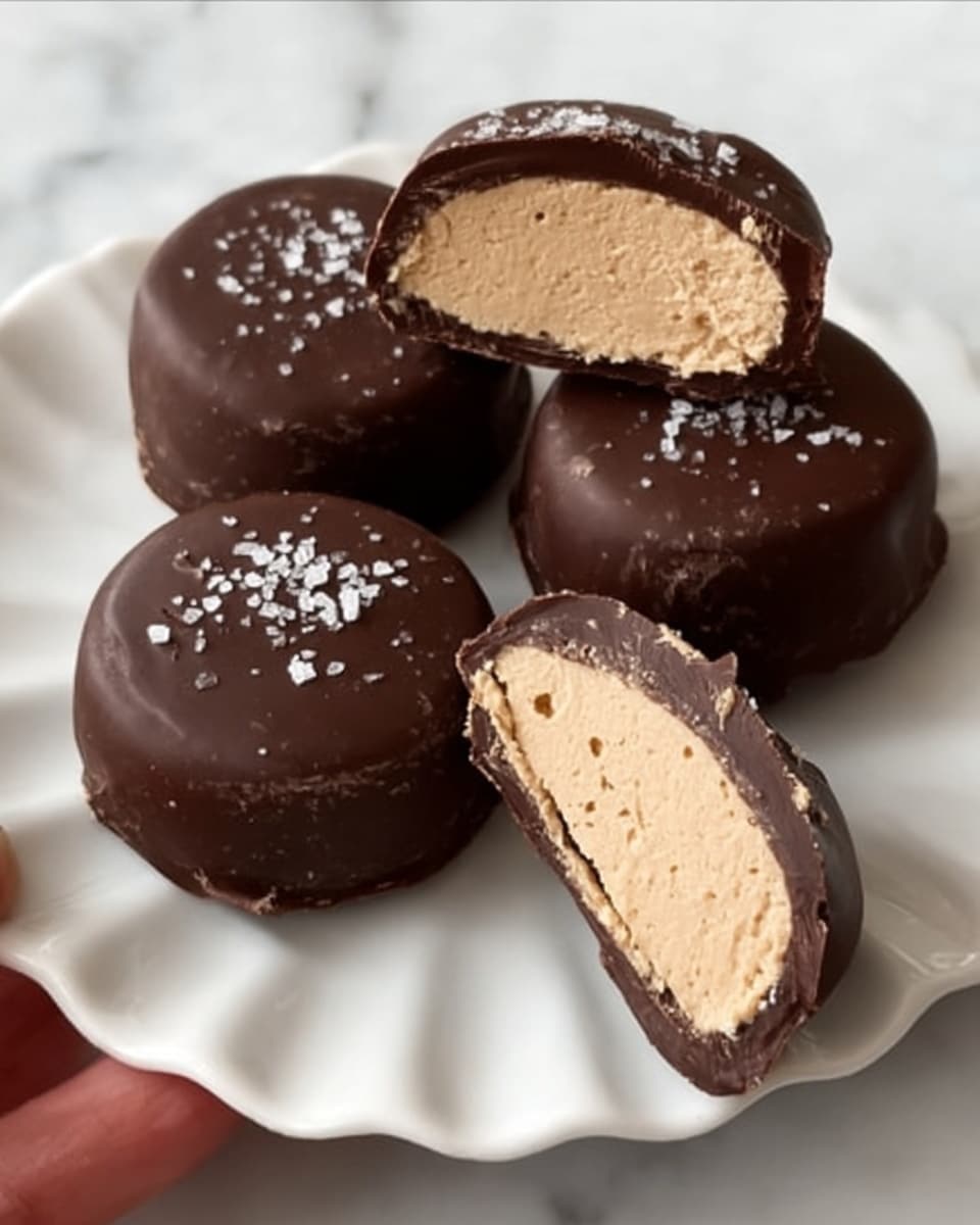 The image shows five round treats covered in dark chocolate, placed on a white plate with wavy edges on a white marbled surface. One treat is cut in half and placed on top of the others, revealing a smooth, light tan creamy filling inside. The dark chocolate coating looks thick and slightly shiny with a rough texture, and some of the treats are sprinkled with coarse salt on top. photo taken with an iphone --ar 4:5 --v 7
