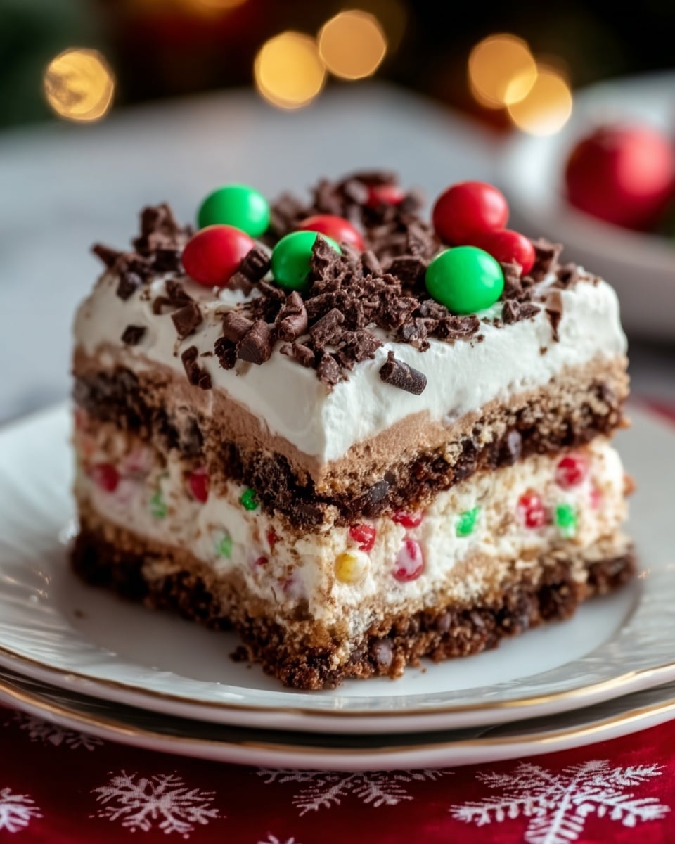 The image shows a square piece of layered chocolate cake on a white plate with a red rim, sitting on a white marbled surface. The cake has four layers: the top and third layers are light brown chocolate cake with a slightly crumbly texture, the second and bottom layers are thick white cream with small bits of red and green candy mixed in, and the very top is covered with white cream decorated with red crushed candy pieces and a small green and red Christmas ball candy. There are chocolate shavings scattered on top and around the cake slice. Photo taken with an iphone --ar 4:5 --v 7