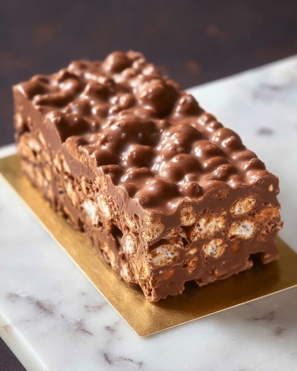The image shows a single chocolate crispy bar resting on a small golden paper square. The bar has two clear layers: the bottom and middle layer is made of puffed rice mixed with melted milk chocolate, giving it a bumpy, crunchy texture with some air holes visible; the top layer is a smooth, thicker layer of milk chocolate with a glossy finish and small crunchy nut pieces embedded. The background is a white marbled texture, making the rich brown colors of the bar stand out clearly. Photo taken with an iphone --ar 4:5 --v 7