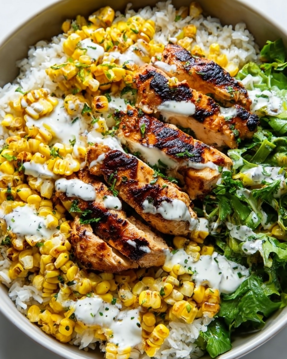 The image shows a white bowl filled with three main layers. The bottom layer is white rice that covers the entire base, soft and fluffy in texture. On top of the rice, there are two pieces of grilled chicken breasts, golden brown with darker char marks, placed side by side in the center. Surrounding the chicken are bright yellow, roasted corn pieces, scattered evenly across the rice. There are small green herbs sprinkled lightly over the corn and chicken. White creamy sauce is drizzled over the chicken and corn, adding contrast to the warm colors. Fresh green leafy greens fill the right side of the bowl, adding a fresh touch to the dish. Photo taken with an iphone --ar 4:5 --v 7