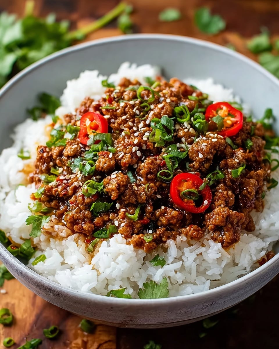 A round white bowl filled with two main layers; the bottom layer is white fluffy rice with visible grains, and on top is a textured layer of cooked ground meat in a dark reddish-brown sauce. The meat is garnished with green chopped herbs, small white sesame seeds, and thin slices of red chili peppers scattered on top. The bowl is set on a wooden surface with scattered green herbs nearby. Photo taken with an iphone --ar 4:5 --v 7