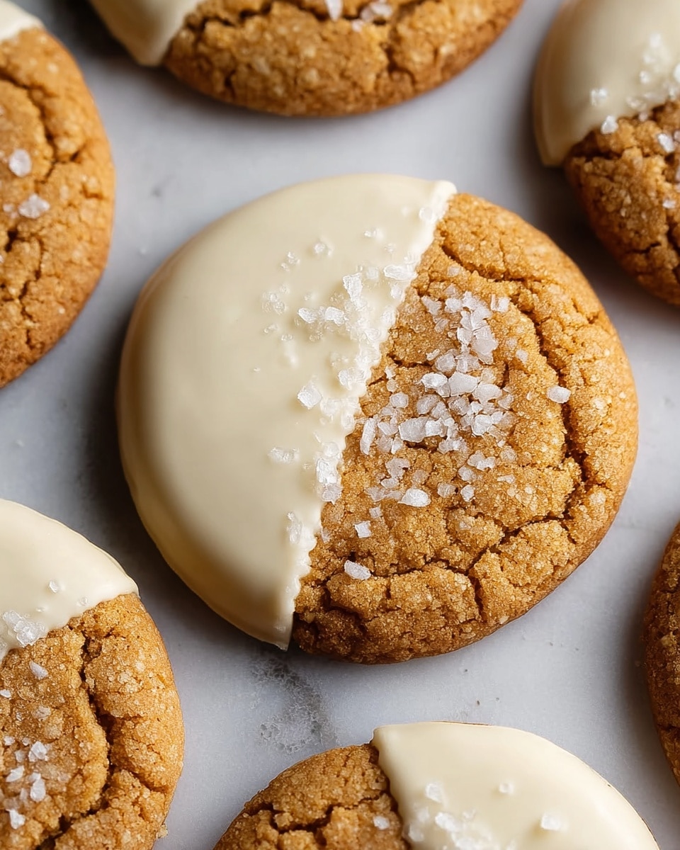 The image shows round cookies with a cracked, golden brown texture as the base layer, each about an inch thick. Half of every cookie is coated with a smooth, shiny off-white layer of white chocolate that covers the top left side, while the other half reveals the rough, crunchy cookie surface. On top of the white chocolate, there are small flakes of coarse sea salt scattered unevenly, adding texture and visual contrast. The cookies are placed on a white marbled surface, with some cookies slightly overlapping others, showing a close-up view of the detailed textures. Photo taken with an iphone --ar 4:5 --v 7